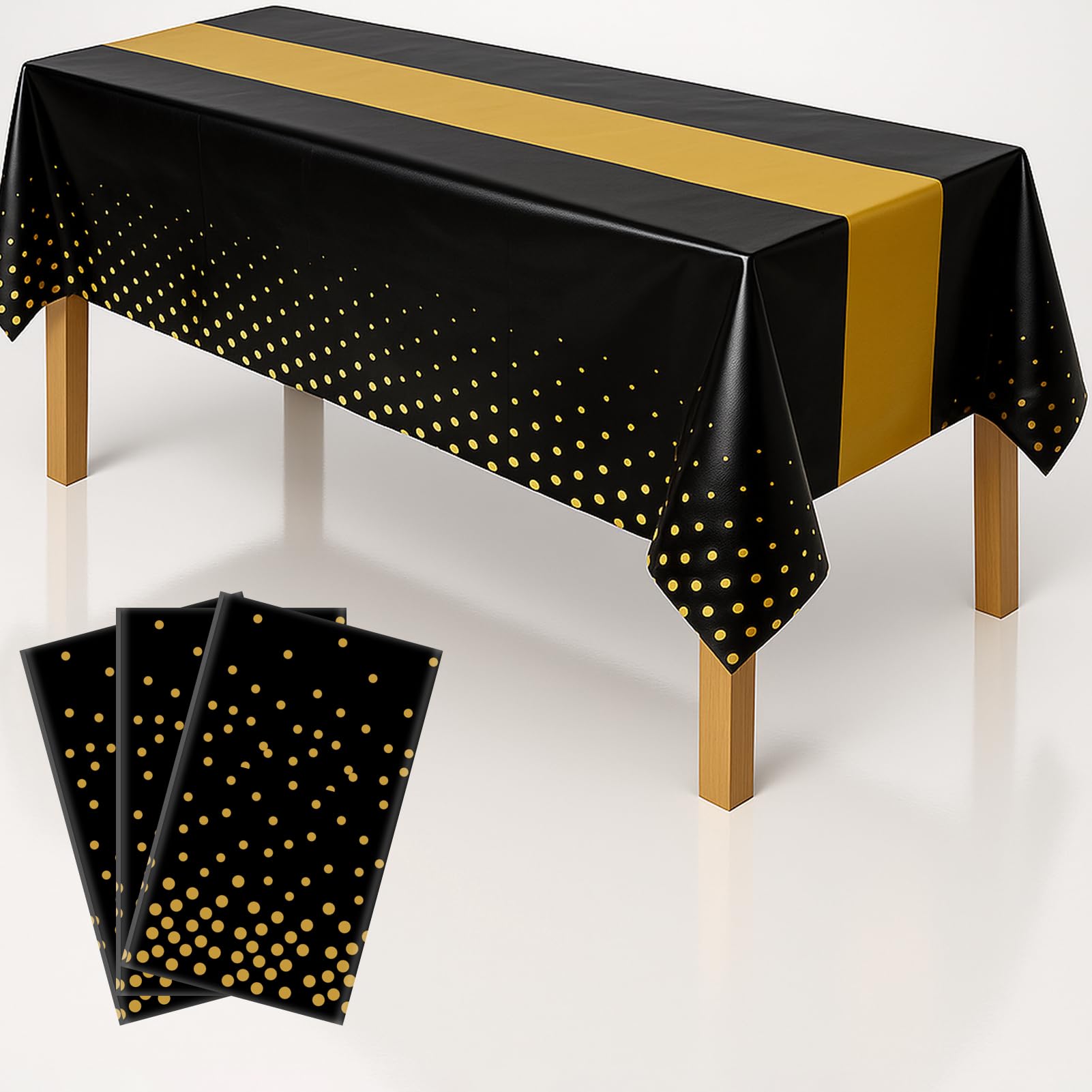 3Pcs Black and Gold Graduation Tablecloth, Graduation Decorations 2026, Retirement Party Decorations for Rectangle Tables, 54"x108" Disposable Plastic Table Cover for Congrats Birthday Wedding