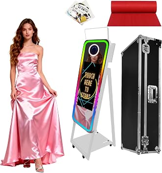 Magic Mirror Photo Booth with 21.5" Touch Screen, Portable Photobooth Machine with RGB LED Fill Light & Flight Case for Weddings Parties Events Rental White, Photo Booth