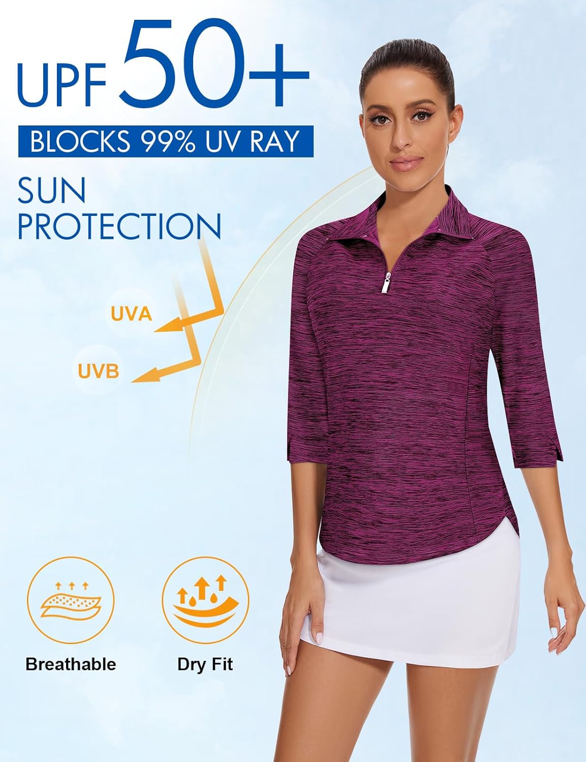 Cucuchy Style Womens Golf Shirt 3/4 Sleeve Quarter Zip Workout Tennis Tops Quick Dry UPF 50+ Shirts
