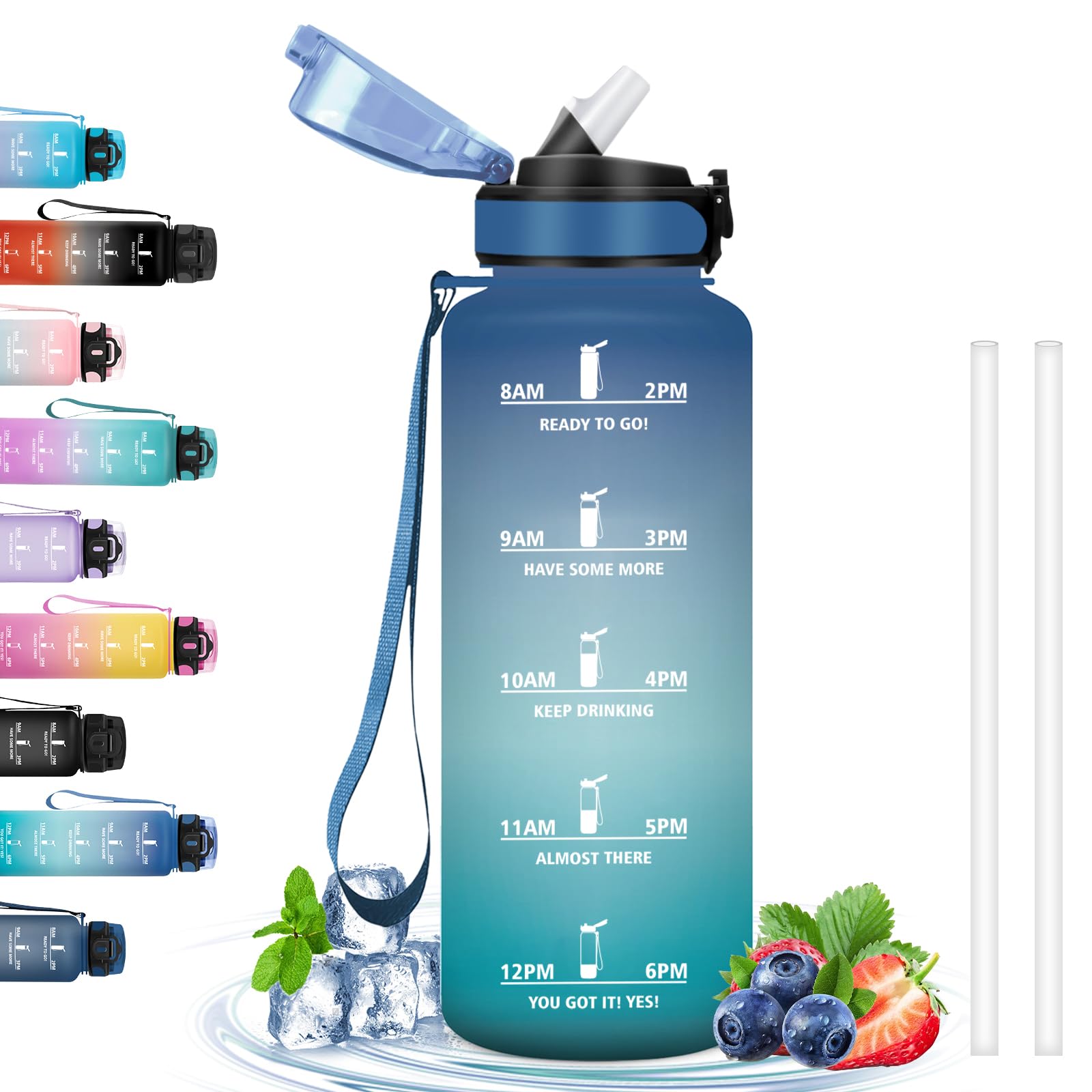 Borraccia 1L Con Cannucce – A Prova Di Perdite, Con Tacche Orarie, Senza BPA, Per Palestra, Ufficio, Viaggi (ciano/nero)