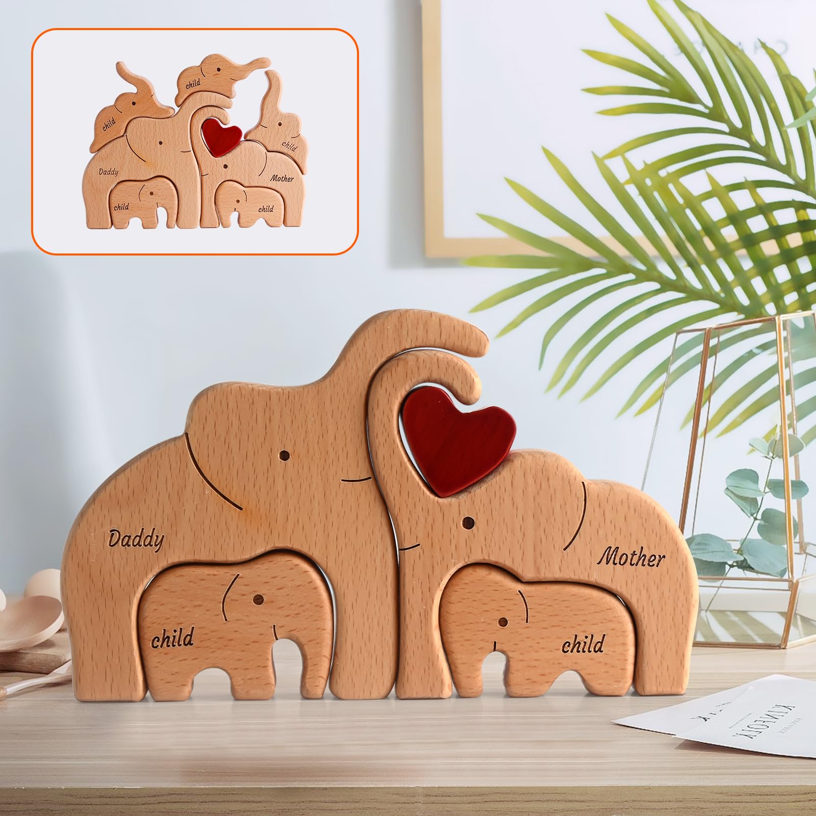 Name Puzzle - Custom Montessori Busy Board for Kids, Personalized Wooden Elephant Family Jigsaw, Ideal for 1 2 3 4 st Birthday, Christmas, or Thanksgiving - Elephant Family of 7