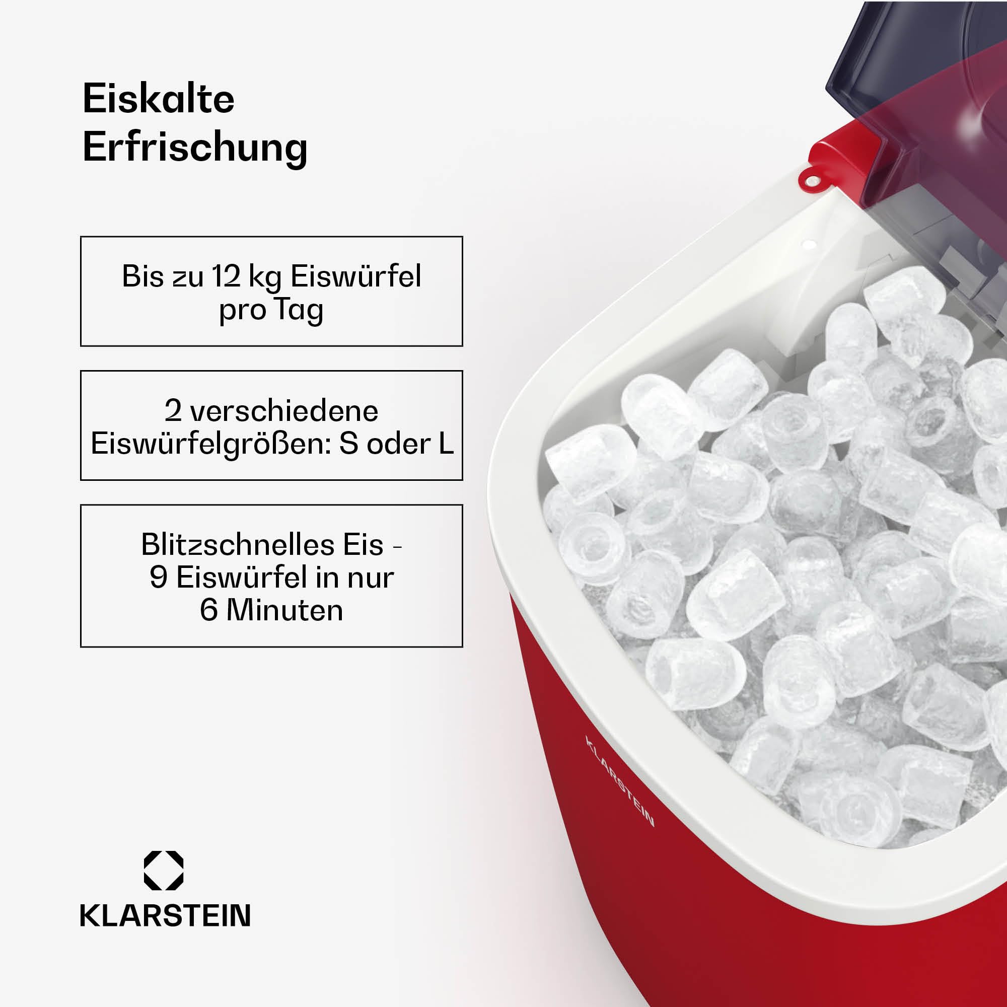 Klarstein Eiswürfelmaschine - 12kg/24h, 2 Würfelgrößen, 1,3L Wassertank, LED-Anzeigen, transparenter Deckel, tragbar, ideal für Partys/Gartenfeste - 2