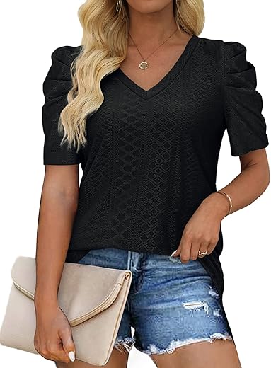XIEERDUO Women’s Summer Top, V Neck & Puff Sleeves