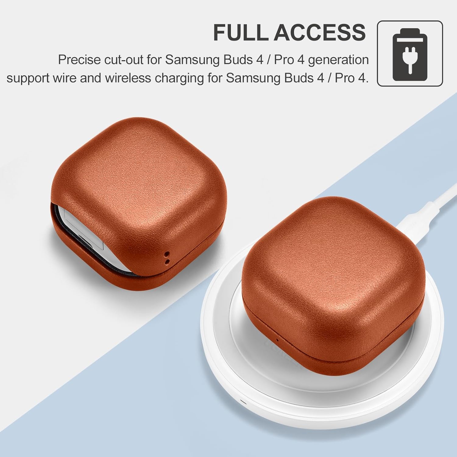 Samsung Buds 4/Buds 4 Pro Case, ICARER 100% Genuine Leather Case, Handmade Hard Cover with Top Grain Leather, Shockproof, Wireless Charging Compatible, for Samsung Buds 4/Buds 4 Pro (Brown)