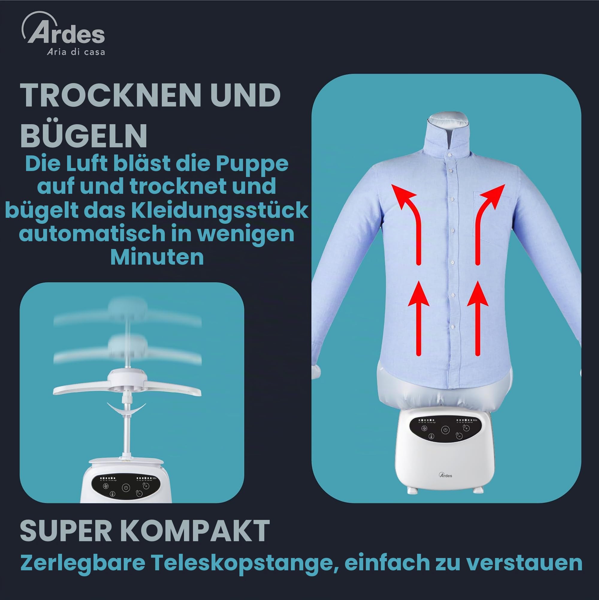 Ardes BLOWY PRIME Automatisches Bügelgerät und Trocknungspuppe 2-in-1, Vertikales Bügeln ohne Falten, 4 Gewichtsclips, Timer und Digitalanzeige