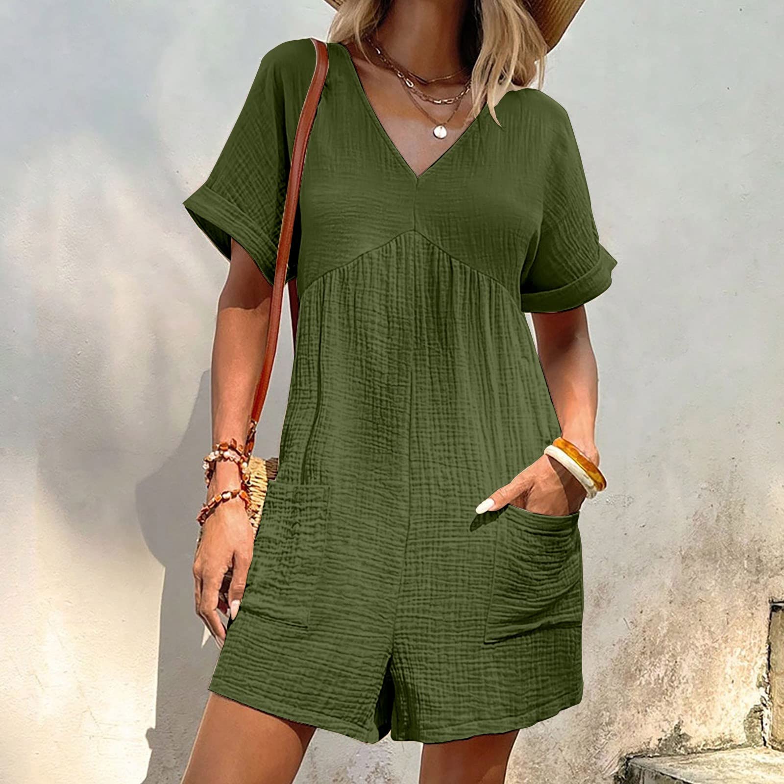 Combinaison courte en lin pour femme - Col en V - Manches courtes - Avec