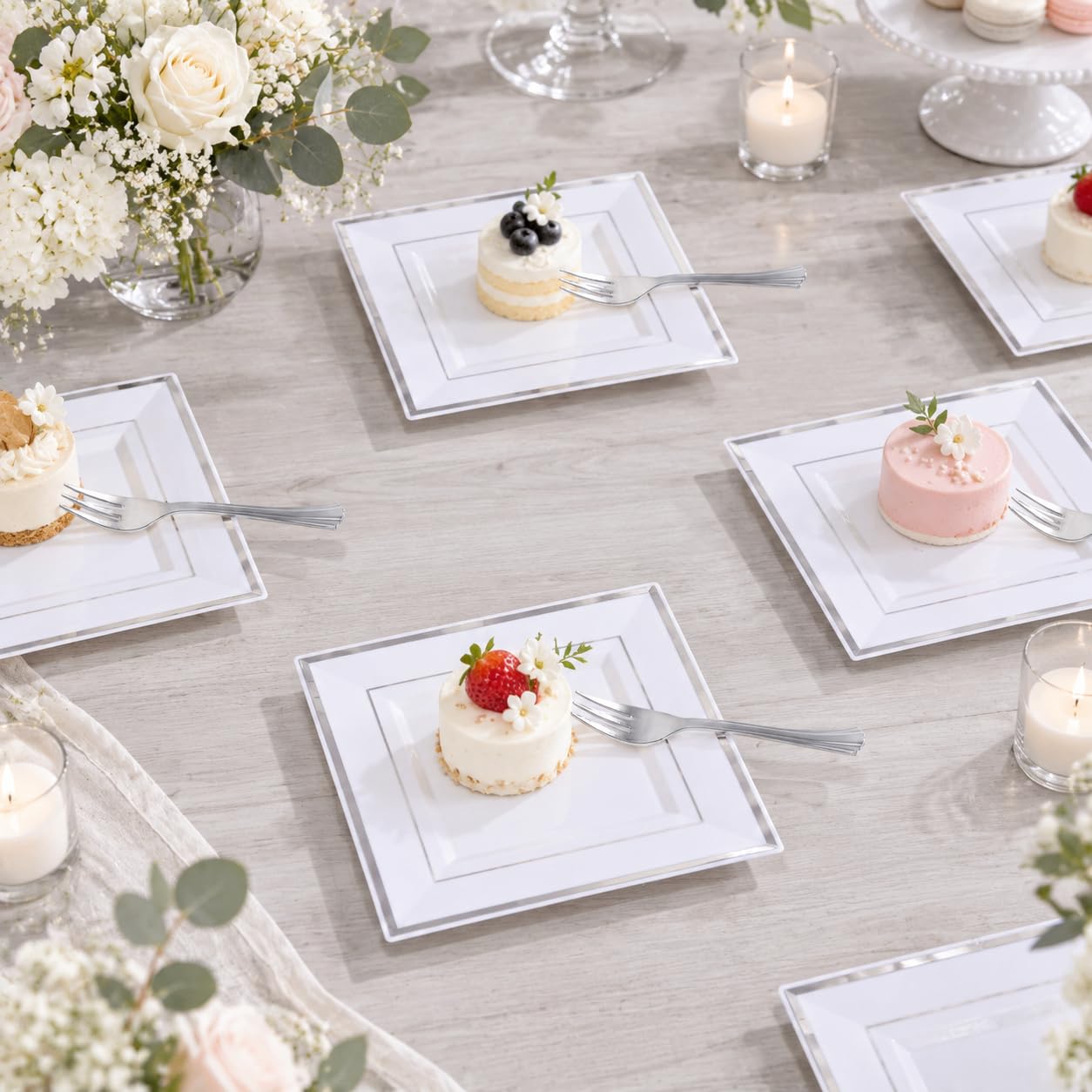 Silver Dessert Plates & Forks - 100 Pack for Parties -6 Silver Dessert Plates & Forks - 100 Pack for Parties -6