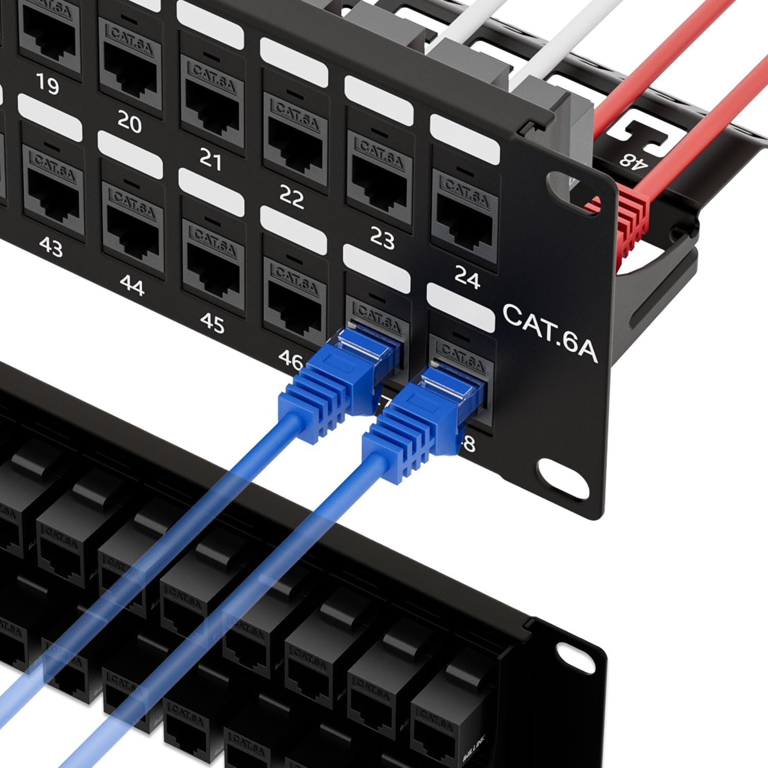 iwillink Panel de conexión Cat6A de 10 Gbps de 48 puertos, panel de conexión Keystone de 2U UTP de 19 pulgadas con barra trasera, montaje en pared o montaje en rack, compatible con cableado Cat5