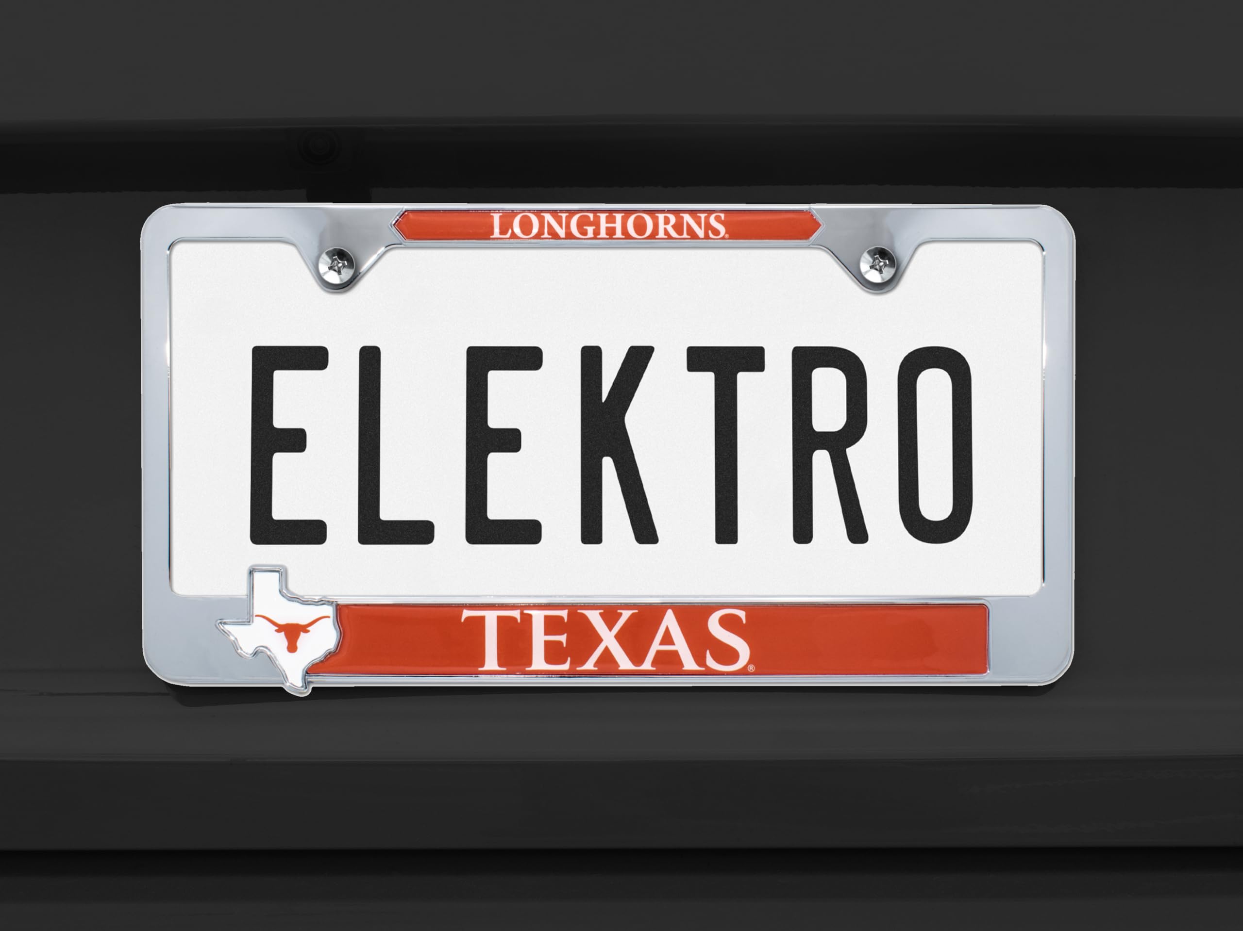 Elektroplate Officially Licensed – University of Texas Longhorns Chrome Metal License Plate Frame with 3D Texas Logos affixed | Premium Metal Car Tag Holder | Weather-Proof Automotive Accessory