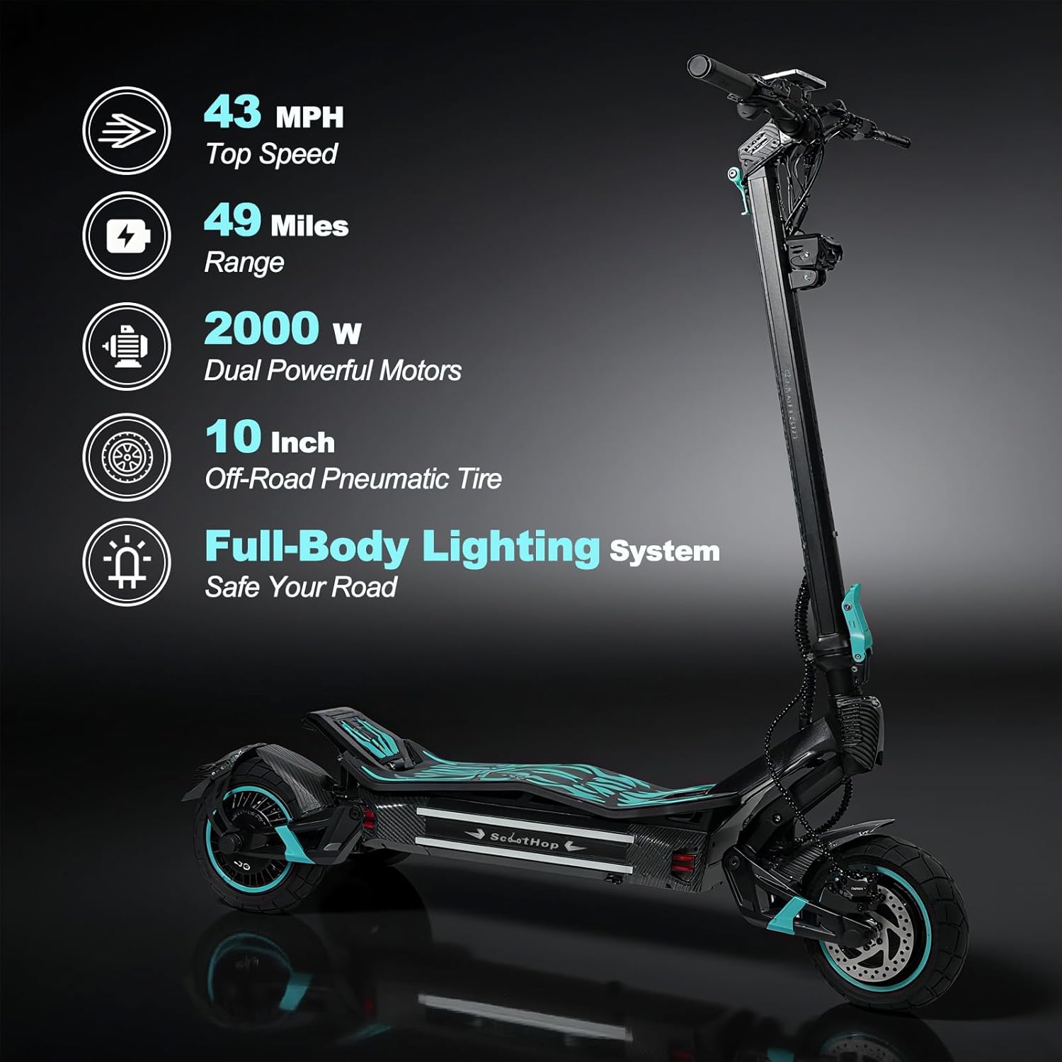 Scoothop BE-3 Electric Off-Road Scooter highlighting key specifications: 43 MPH top speed, 49 miles range, dual 2000W motors, 10-inch off-road pneumatic tires, and full-body lighting system.