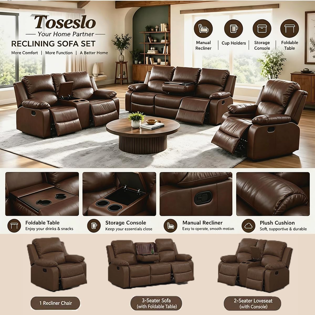 Toseslo Manual Reclining Couch Sofa Set with Drop-Down Table, 3 Pieces Brown Leather Recliner Couch Sets, Living Room Furniture Sets, Recliner Sofa with Storage Console/Cup Holder for Home/Apartment view 8