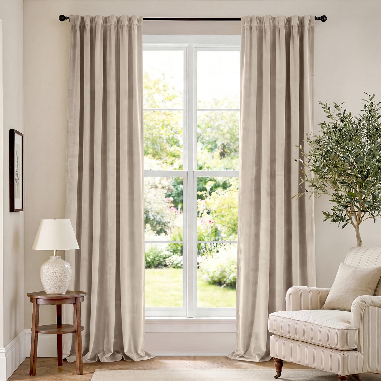 Lazzzy Beige Velvet Curtains 120 Inches Long Thermal Insulated Drapes for Living Room Bedroom Room Darkening Window Treatments Light Reducing Super Soft Luxury Rod Pocket 2 Panels Cream Beige