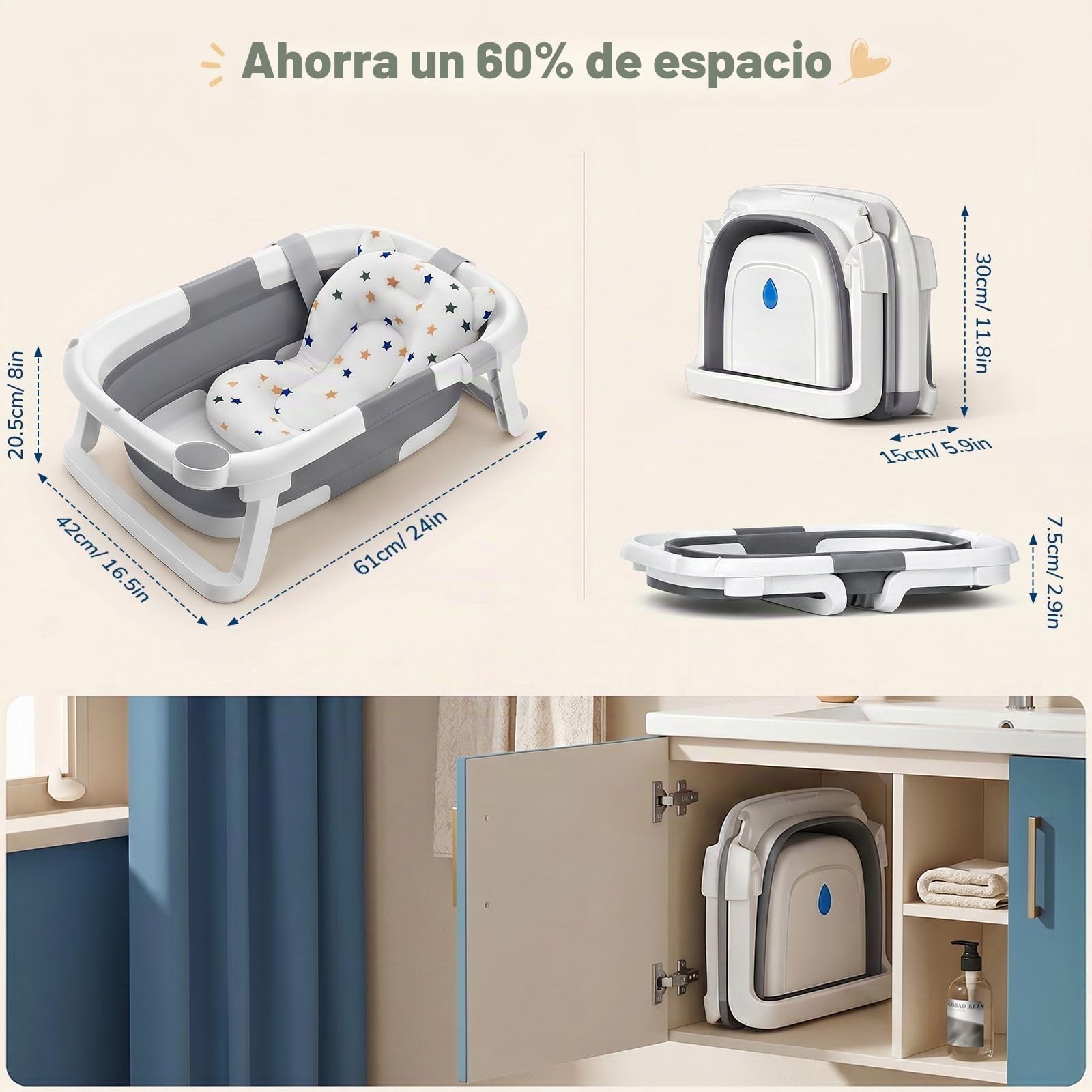 DEANIC Bañera Plegable Bebé, Asiento Bañera Bebe Para Recién Nacidos De 0 a 24 Meses, Bañeras Para Bebes Con Cojin, Baño Bebe Portátil, Ahorra Espacio (Gris)