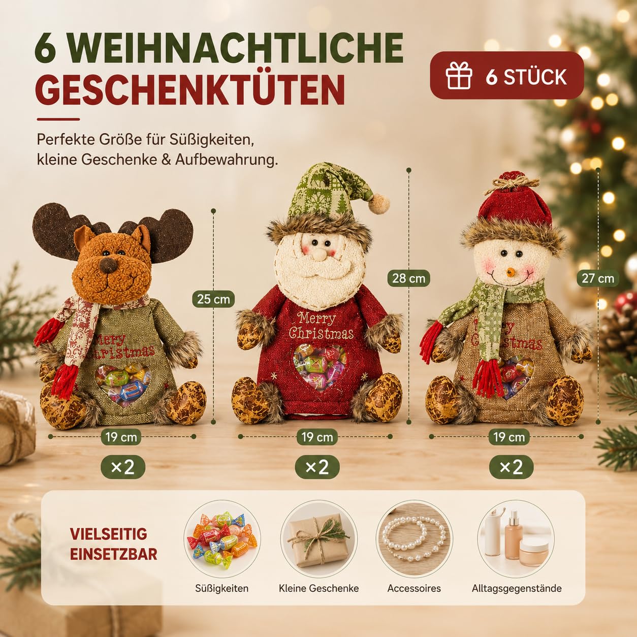 Christmas Gift Bags Zipper Design, Pack of 3/6 Gift Bags Christmas Small, 3D Santa Claus Elk Cuddly Toy, Small Storage Bags für Party- und Festivaldekoration (6 Stück-A)
