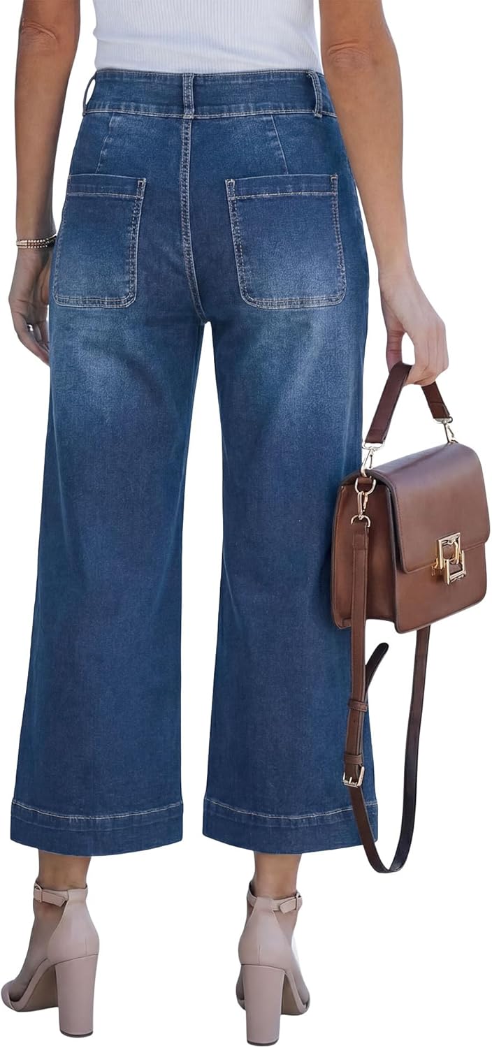 SANMM Jeans for Women High Waisted Wide Leg Flare Jean Cropped Denim Pants Stretchy with Pockets