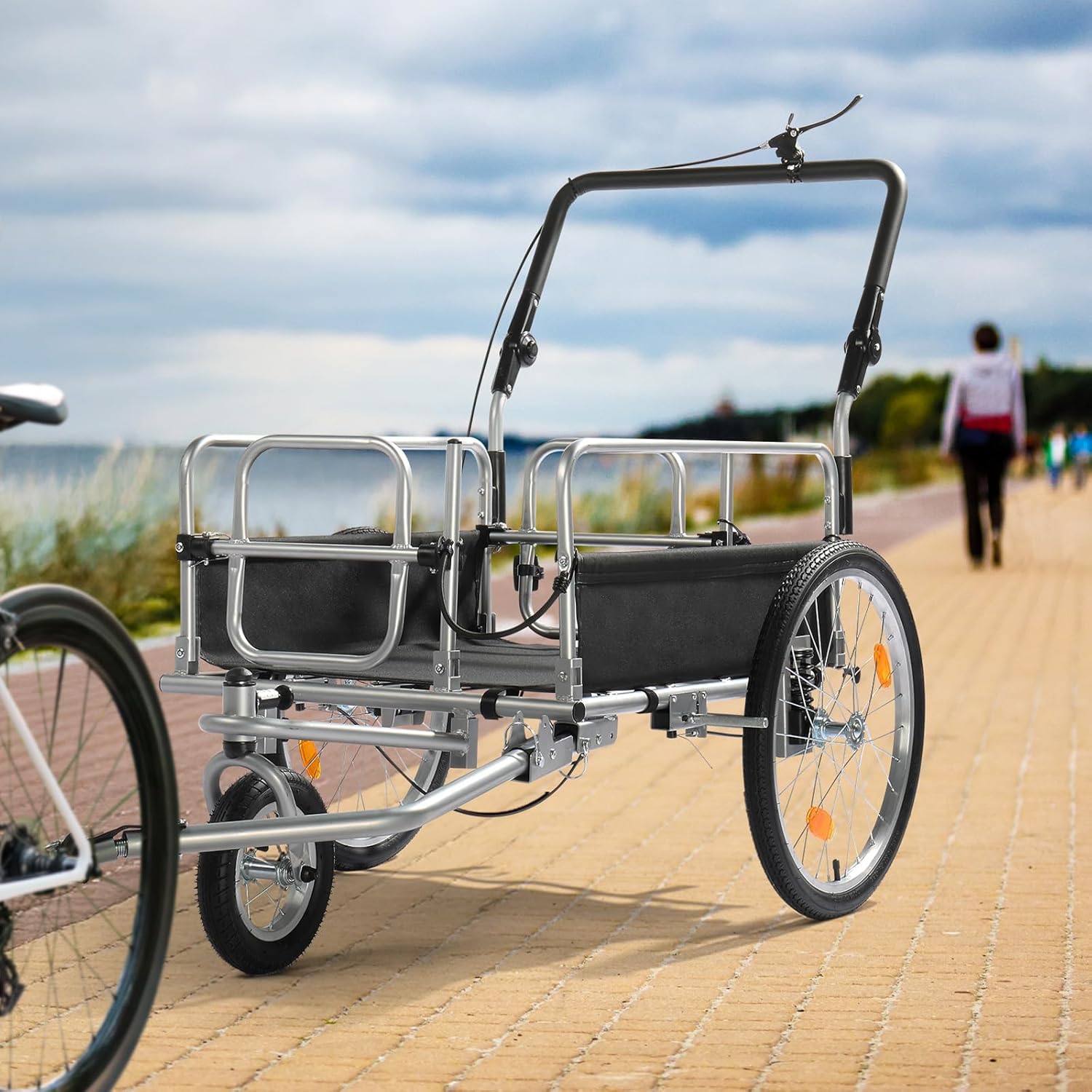 Heavy-Duty Bicycle Wagon Cart with Handrail,Bike Cargo Trailer, 110lbs Load Capacity, Foldable Compact Storage & Quick Release with Universal Hitch, Wheels, Fits Most Bike Wheels, Carbon Steel Frame