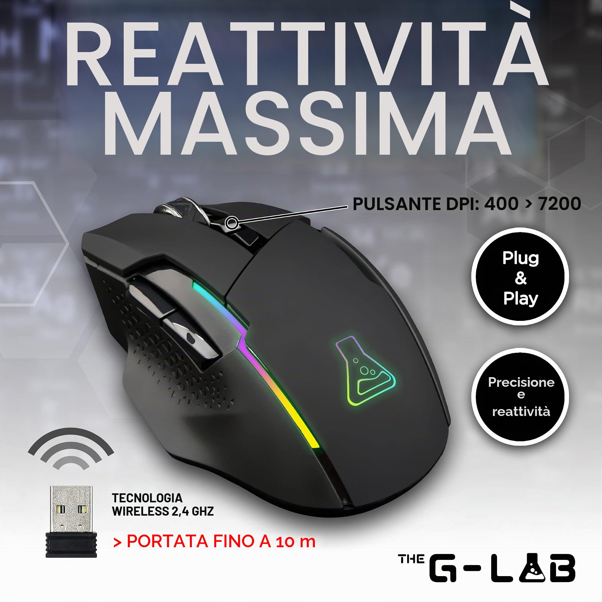 THE G-LAB Kult Caesium Mouse Gamer Wireless Ricaricabile - Mouse Gaming Wireless ad alte prestazioni 7200dpi, LED RGB, 6 Pulsanti, Mouse Gaming Ergonomico, Compatibile con Pc Ps4 Ps5 Xbox One