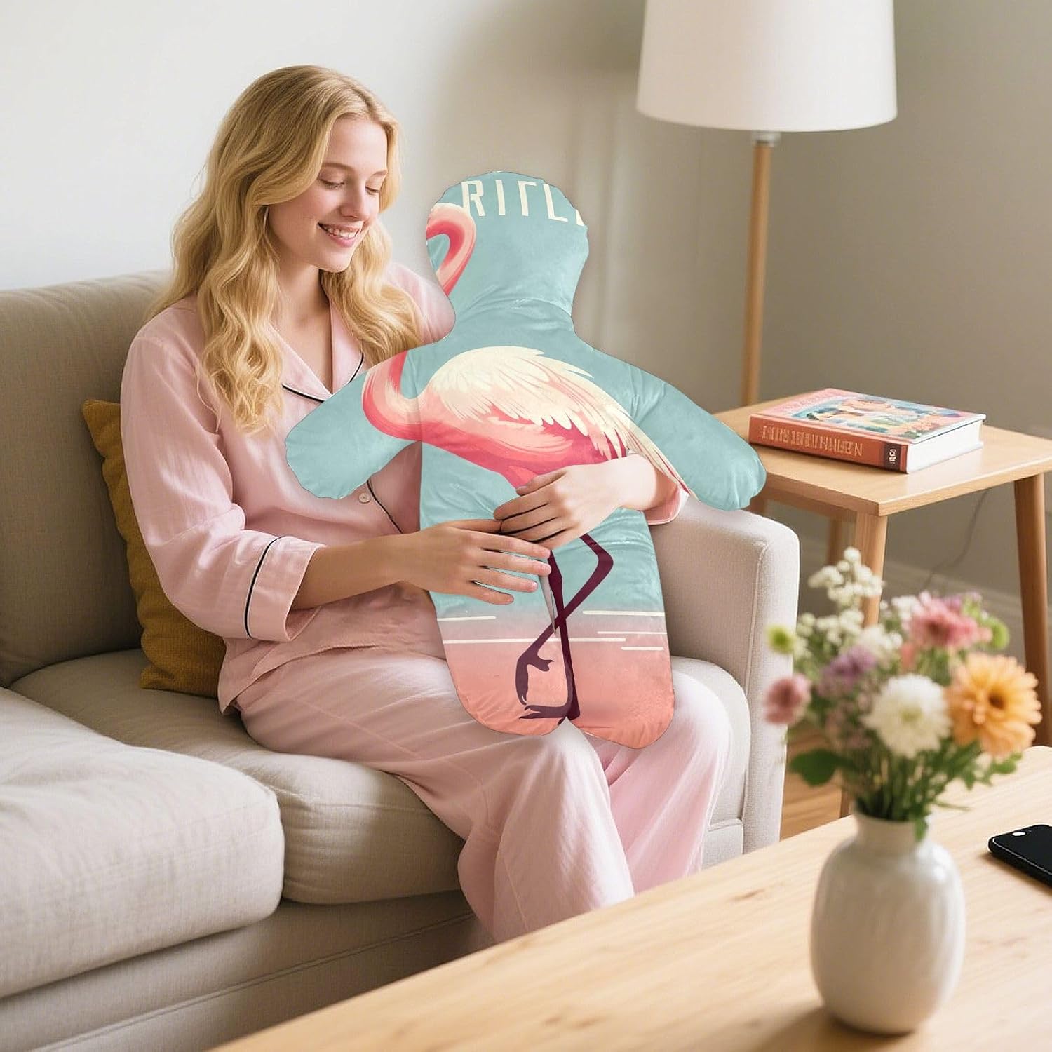 Flamingo Pink Human-Shaped Pillow Soft Body Pillows Washable Velvet Pillows for Anxiety Relief Sleeping Cuddling & Support