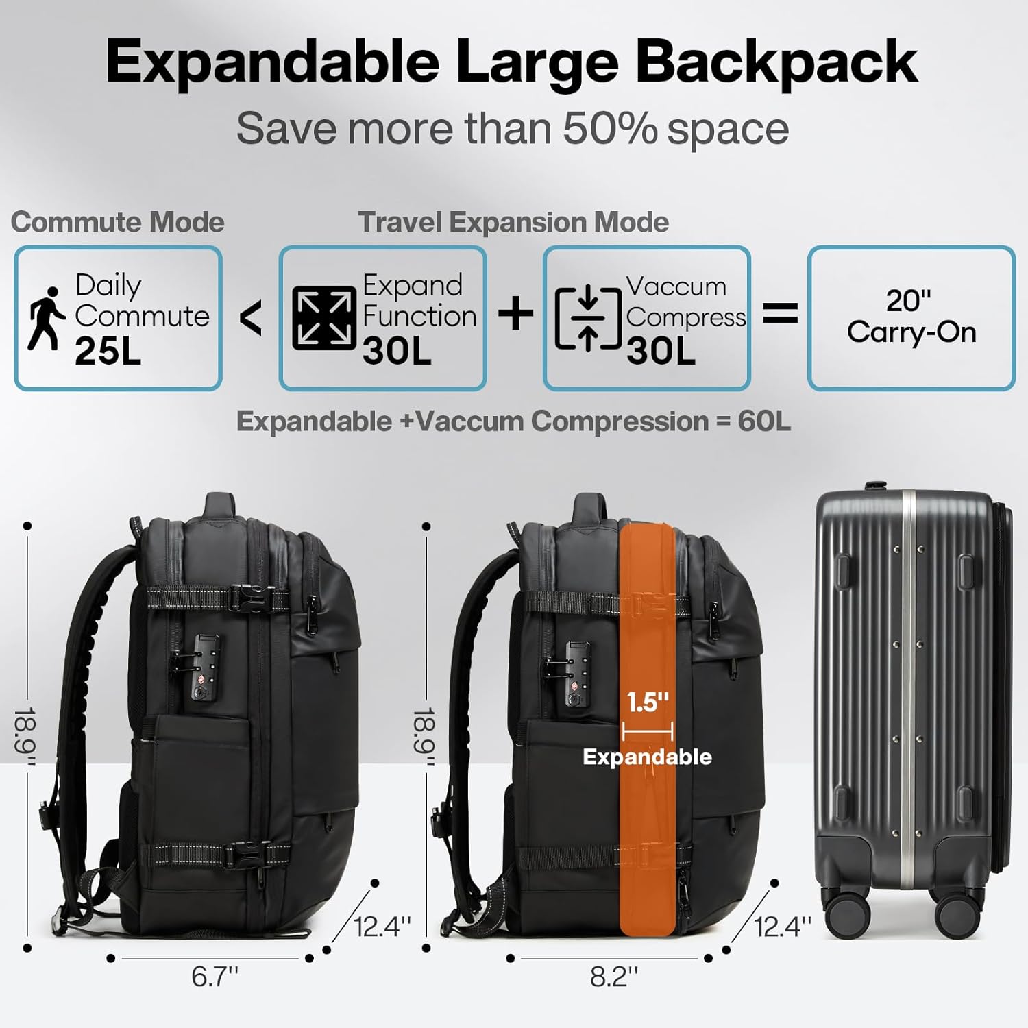mixi EliteSeries 60L Vacuum Travel Backpack with Pump, Expandable Compression Carry On Luggage Bag Waterproof TSA Lock Suitcase, Black - Image 4