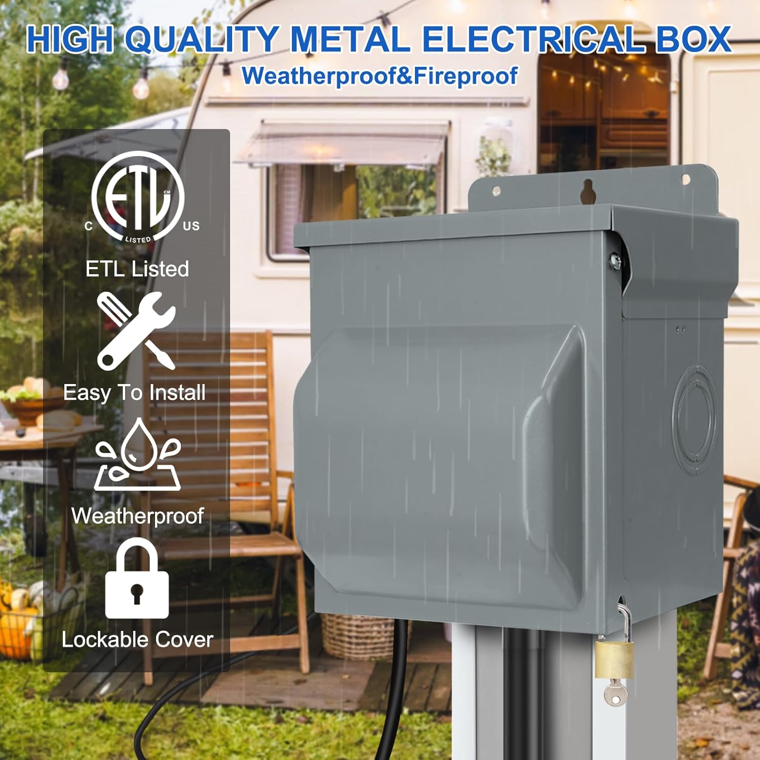Outdoor Outlet Box - Prewired Metal Outdoor Electrical Outlet Box with 20 AMP GFCI Receptacle and Waterproof 3R Cover - Weatherproof GFCI Outlet Box for Yard, Garage, ETL Listed