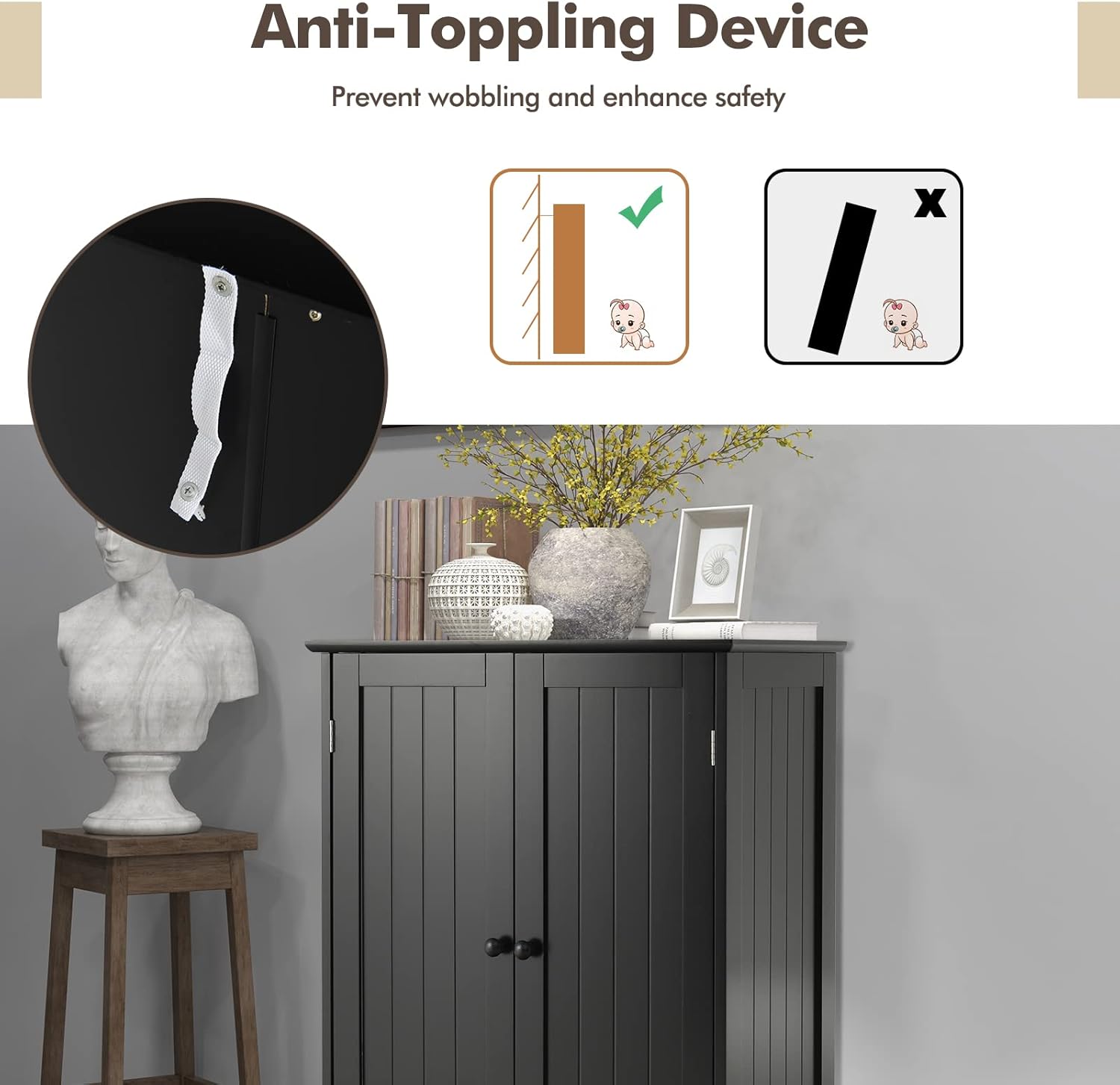 GLACER Bathroom Floor Cabinet, Wooden Storage Cabinet with Double Doors, Suitable for Bathroom, Living Room, Entryway, 23.5 x 14 x 34 inches (Black)