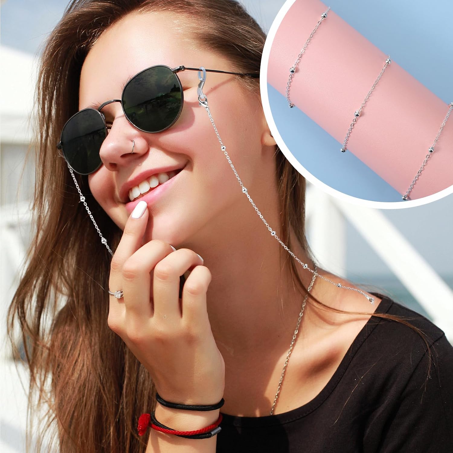4pcs Eyeglass Chains for Women Eye Glasses Holders Around Neck Stylish Beaded Necklace Glasses Holder Non-Slip Eyeglass Strap with Adjustable Silicone Loops, Vintage Reading Glass Chain