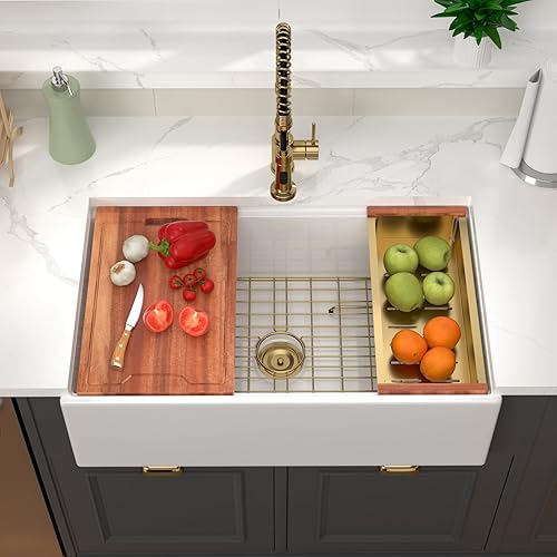 Vista 42 de Fregadero de 33 unidades de arcilla refractaria de 33 x 20 x 10 pulgadas, color blanco, fregadero de cocina de porcelana de cerámica, estilo casa