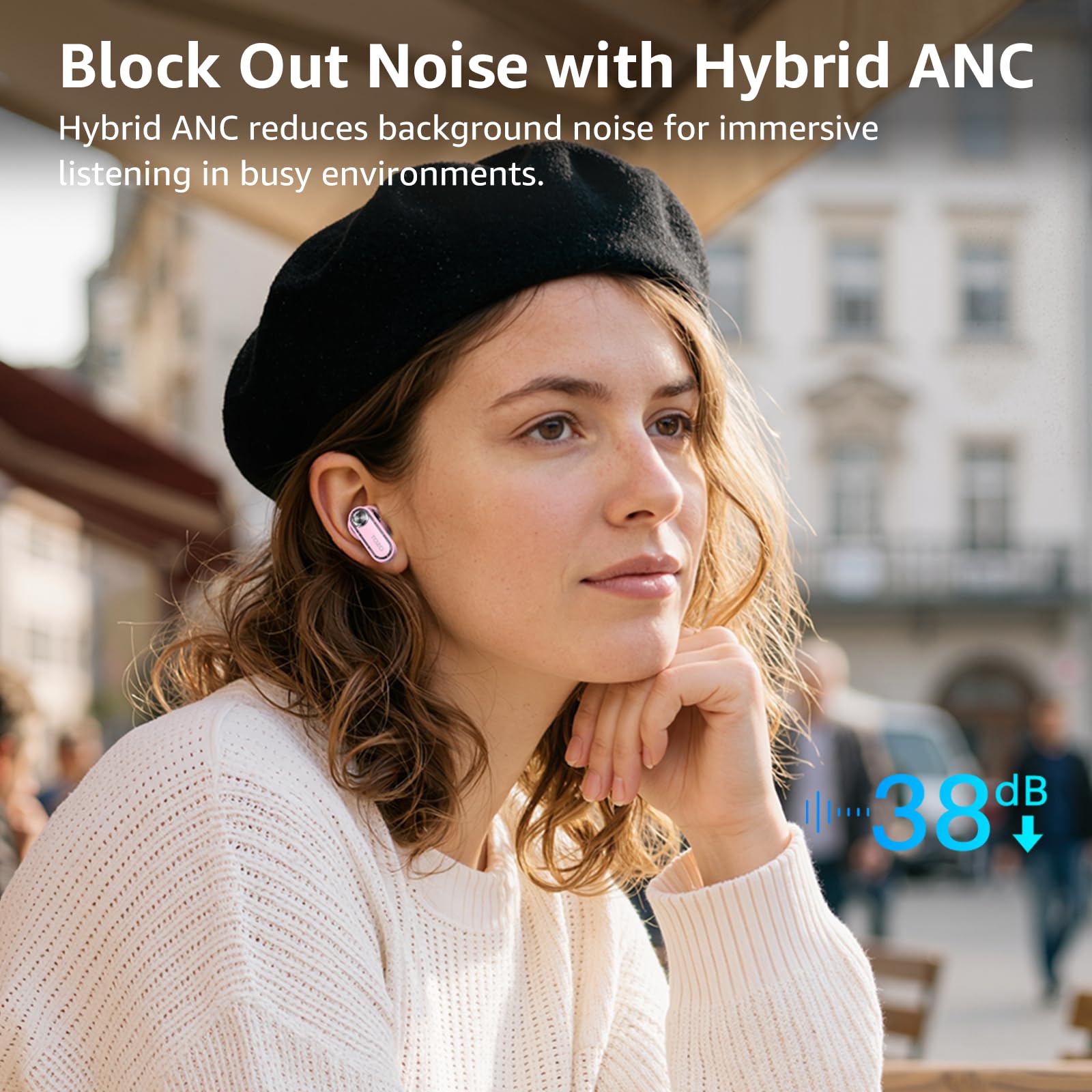 TOZO Crystal Pods Hybrydowe bezprzewodowe słuchawki z aktywną redukcją szumów, podwójny mikrofon ENC AI Clear Calls, słuchawki Bluetooth 5.4 w uchu, wodoodporne słuchawki IPX5, 32 EQs przez APP
