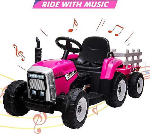 Miniatura 7 de Tractor eléctrico con batería de 12 V para niños con remolque, automóvil para niños pequeños con control remoto, 7 faros LED, cambio de marchas 2+1,