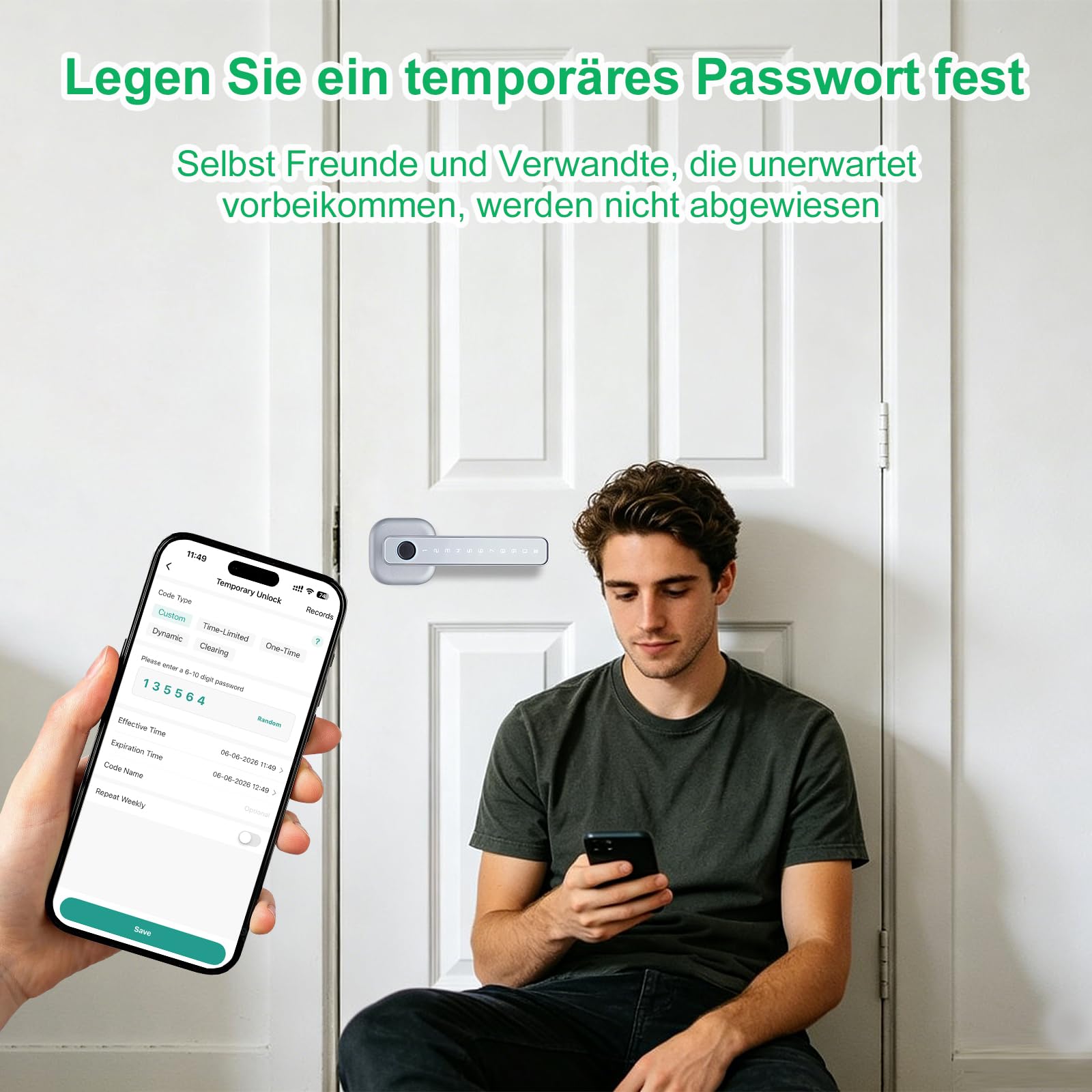 5-in-1 Intelligentes Türschloss, Elektronisches Türschloss für Bluetooth | Fingerabdruck biometrische, Temporäres Passwort, Per App gesteuert, Smart Lock, IC-Karte, für Haustür, Wohnung, Hotel, Büro
