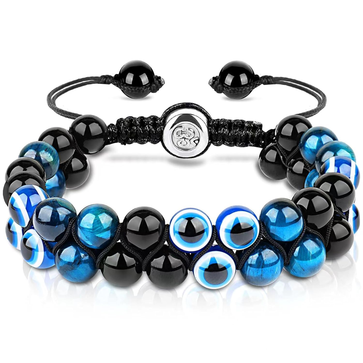 Evil Eye Bracelet for Men Women - Triple Protection Bracelet - Tiger Eye and Black Obsidian Chakra Energy Healing Bracelet - 8mm Beads Good Luck Prosperity and Happiness Crystal Jewelry Stone