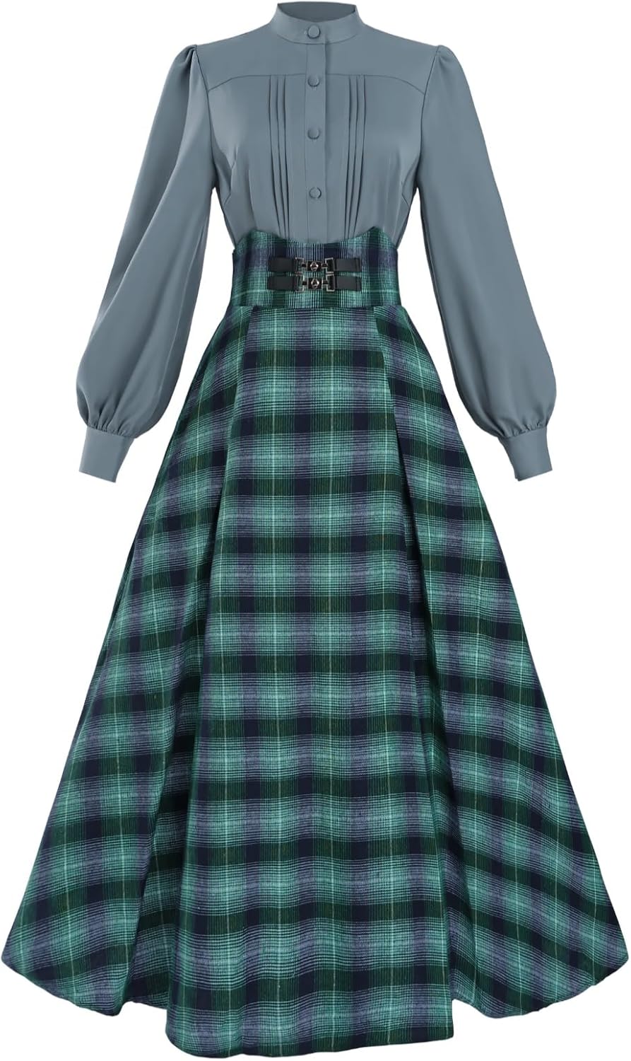 NSPSTT Vintage Dress for Women Medieval Renaissance Costume High WaistTartan Skirt Edwardian Blouse