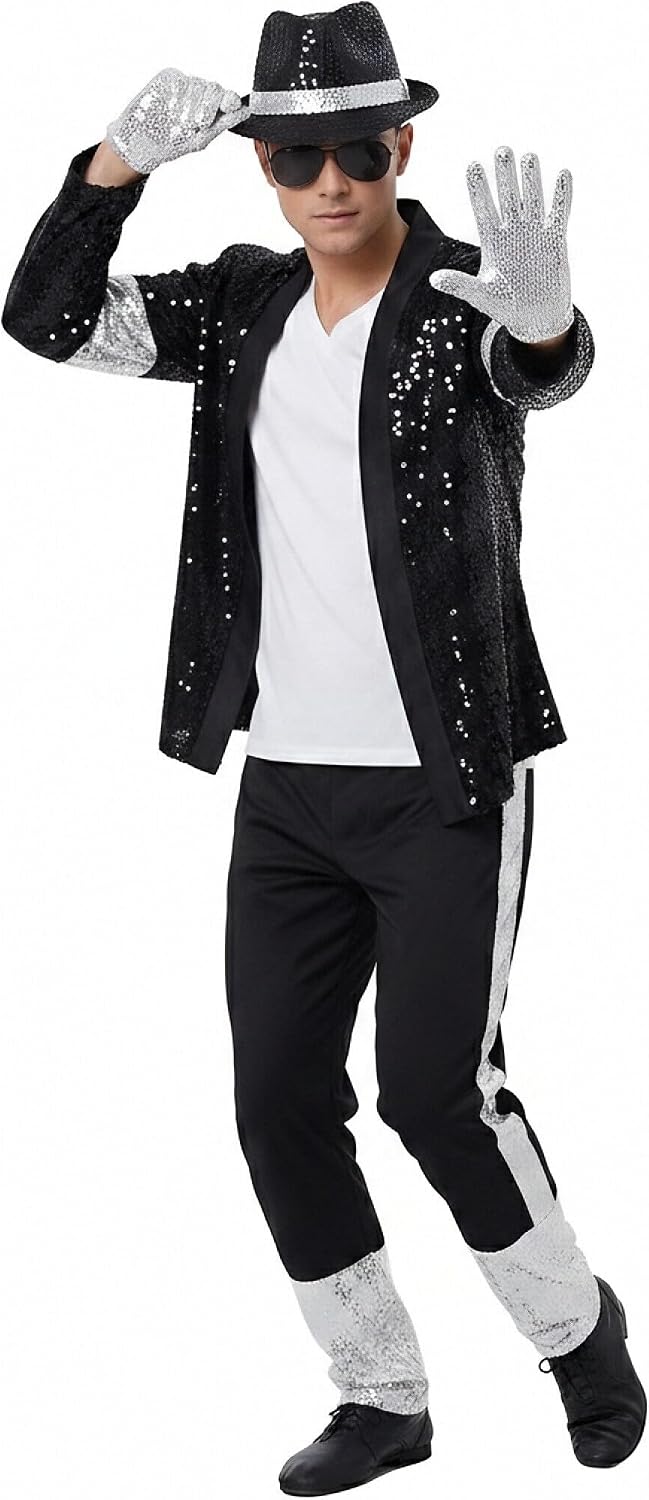 Dance Star Costume for Men 80s 90s Pop Stage Outfits 7 Pcs Retro Dance Disco Suit for Adults Stage Halloween Cosplay Party
