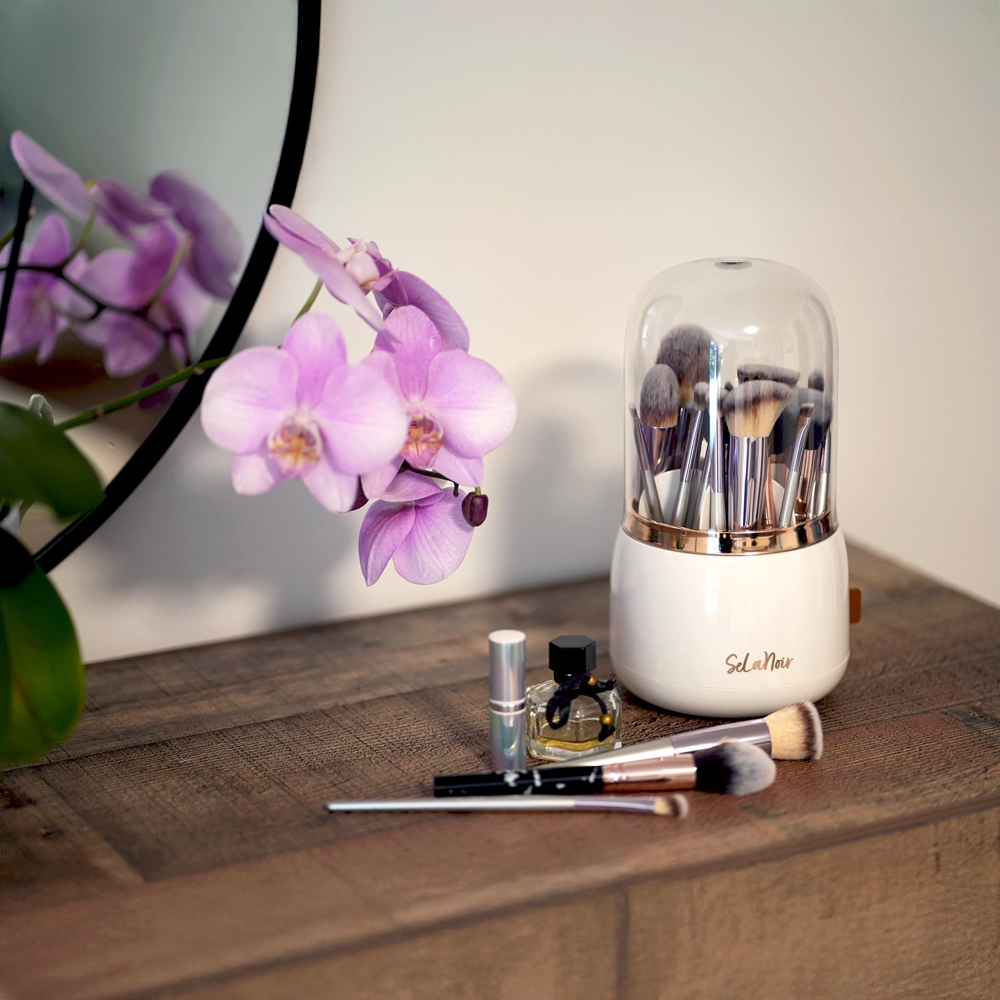 SeLaNoir Rotating Makeup Brush Holder with Lid and Brush Cleaner Bowl