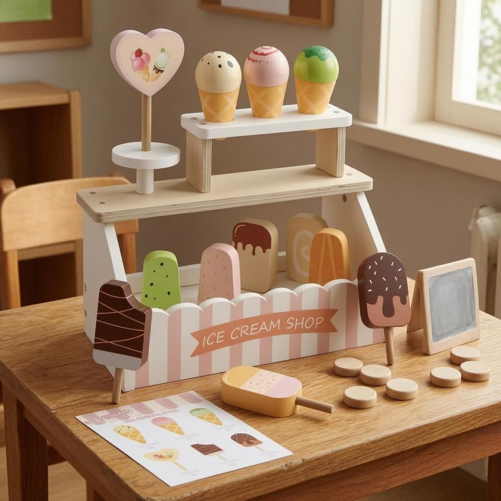 Banco Gelateria Bambini Gioco Stand Negozio Banco Vendita Chiosco Gelati Set con Gelati in Legno E Lavagnetta Menu per Interazioni Cliente Adatto per Casa Asilo Regali