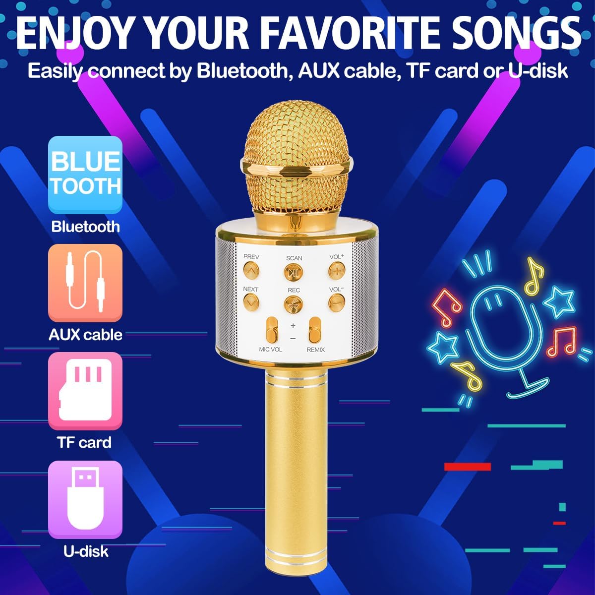 Bluetooth Karaoke Wireless Microphone for Kids, Hottest Birthday Presents Toys for 9 10 11 12 Years Old Boys Girl (Gold)