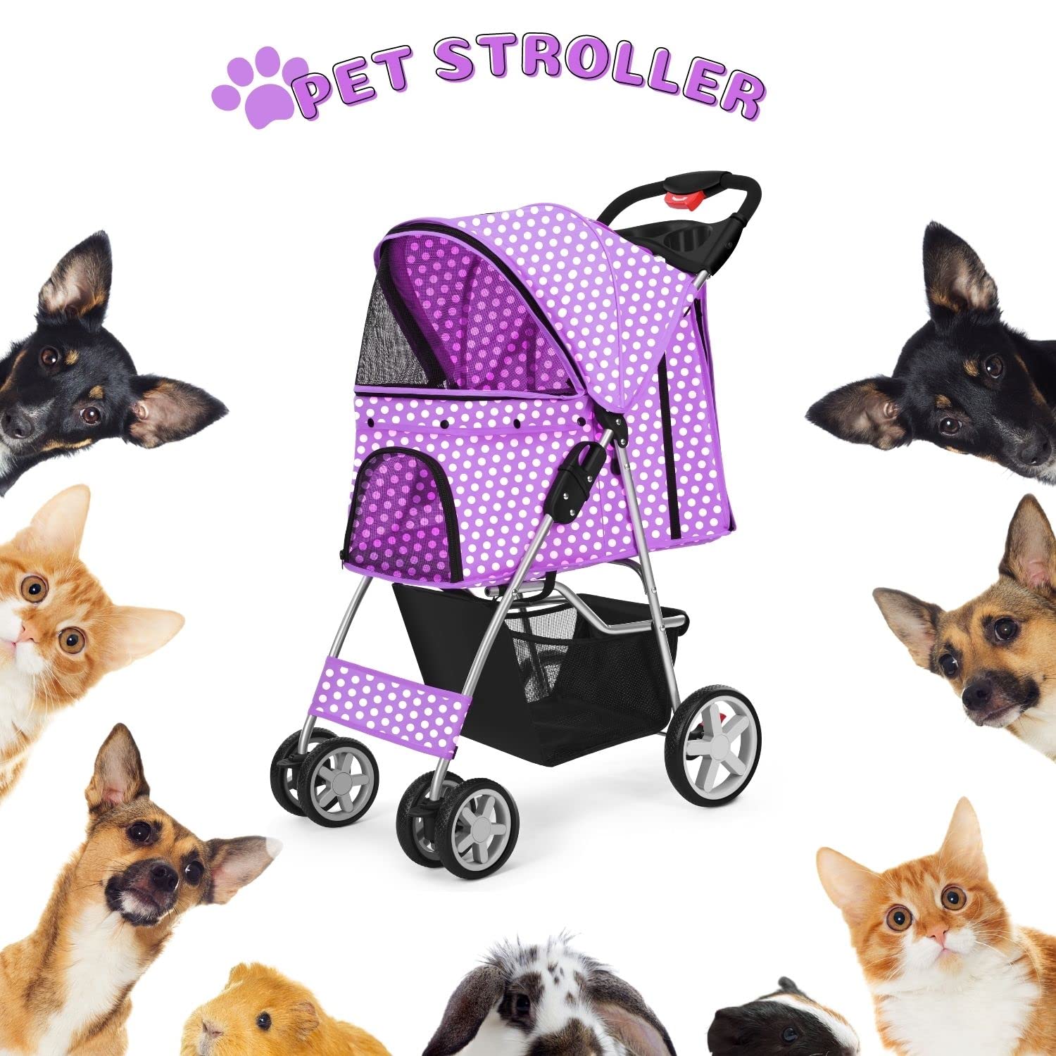 Flexzion Pet Stroller (Polka Dot Purple) Dog Cat Small Animals Carrier Cage 4 Wheels Folding Flexible Easy to Carry for Jogger Jogging Travel Up to 30 Pounds with Sun Shade Cup Holder and Mesh Window