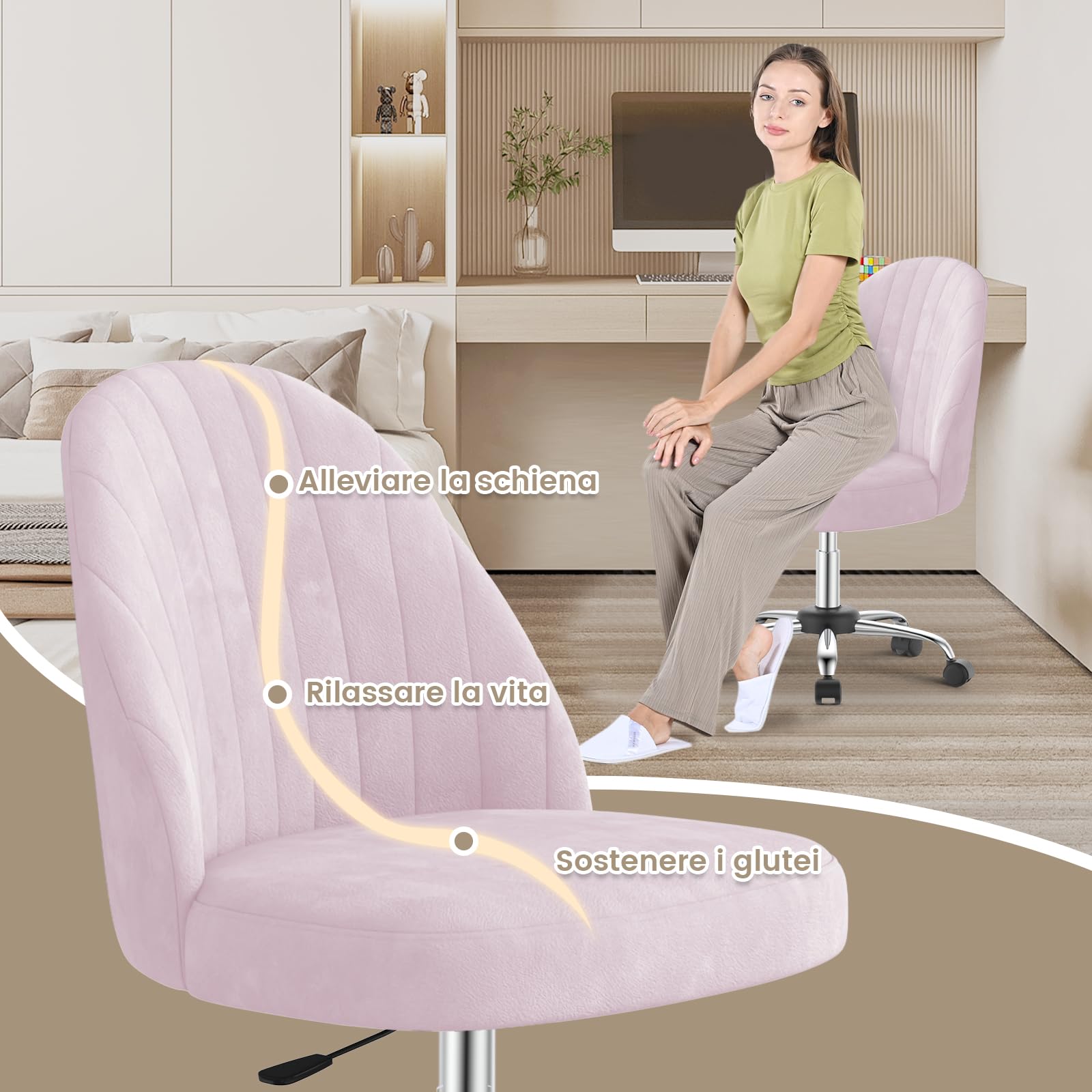 naspaluro Sedia da Ufficio Sedia Vanity, Sedia da Camera in Velluto, Sedie da Camera Senza Braccioli Con Ruote, Sedia da Ufficio per Casa, Sedie Morbida Regolabile in Altezza, Per Camere Letto,Rosa