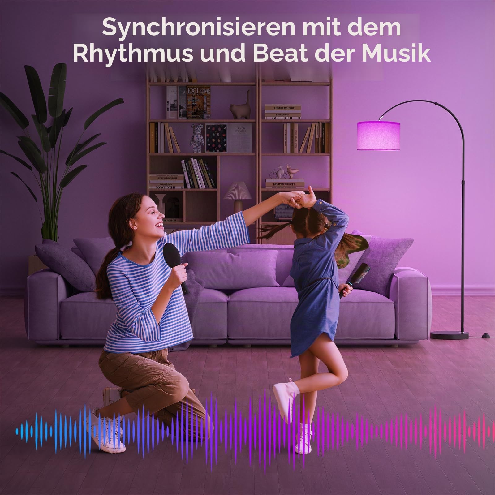 ANTENLICHT LUNA Bogenlampe Wohnzimmer Stehlampe Vintage, Inklusive LED E27 | Standleuchte mit Beige Stoffschirm I funktioniert mit Alexa und Google Home I RGB Stehleuchte Dimmbar für Schlafzimmer