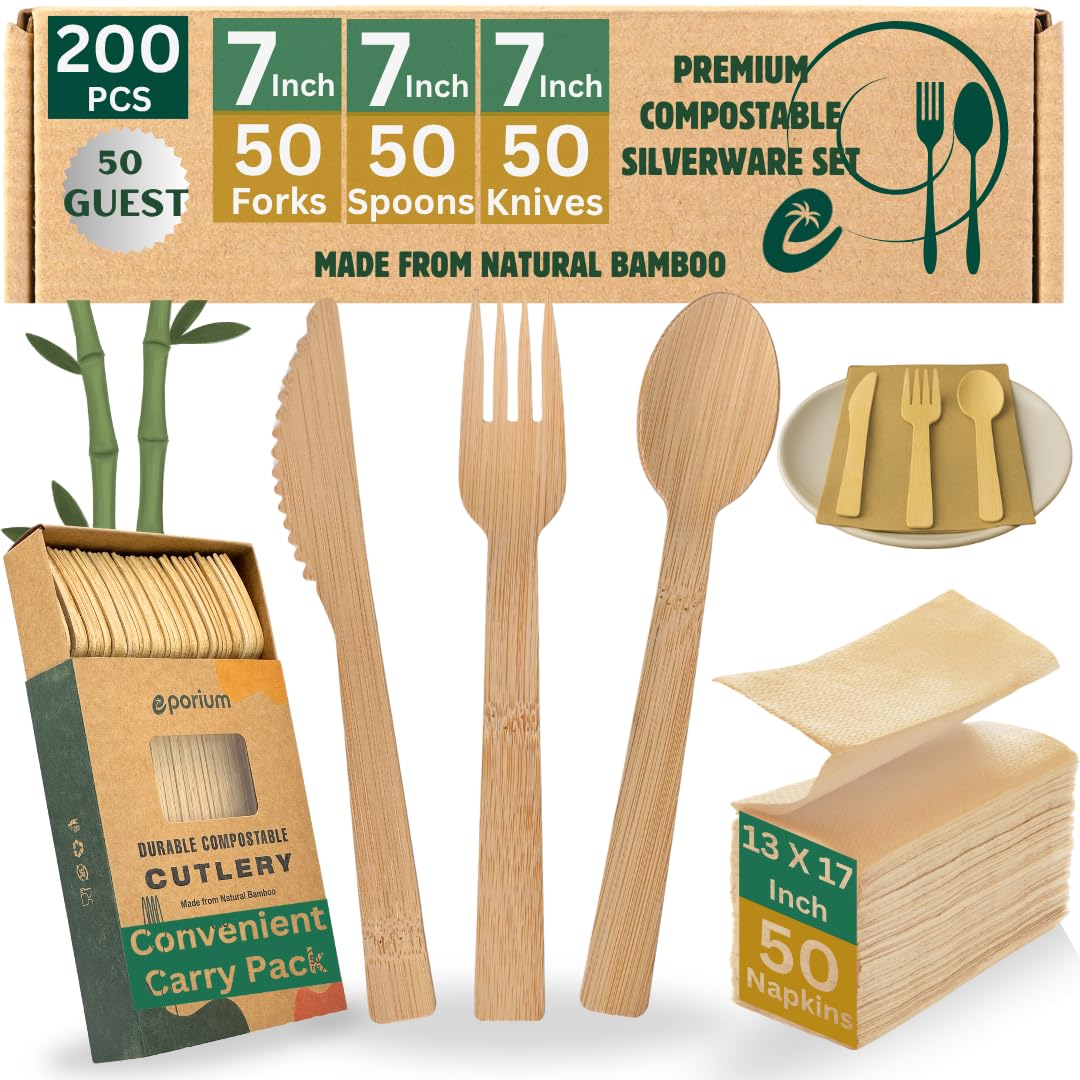Bamboo Cutlery Set 200 Pack, 100% Compostable Heavy Duty Premium Silverware - 50 Forks, 50 Knives, 50 Spoons, 50 Party Napkins For Catering, Parties,