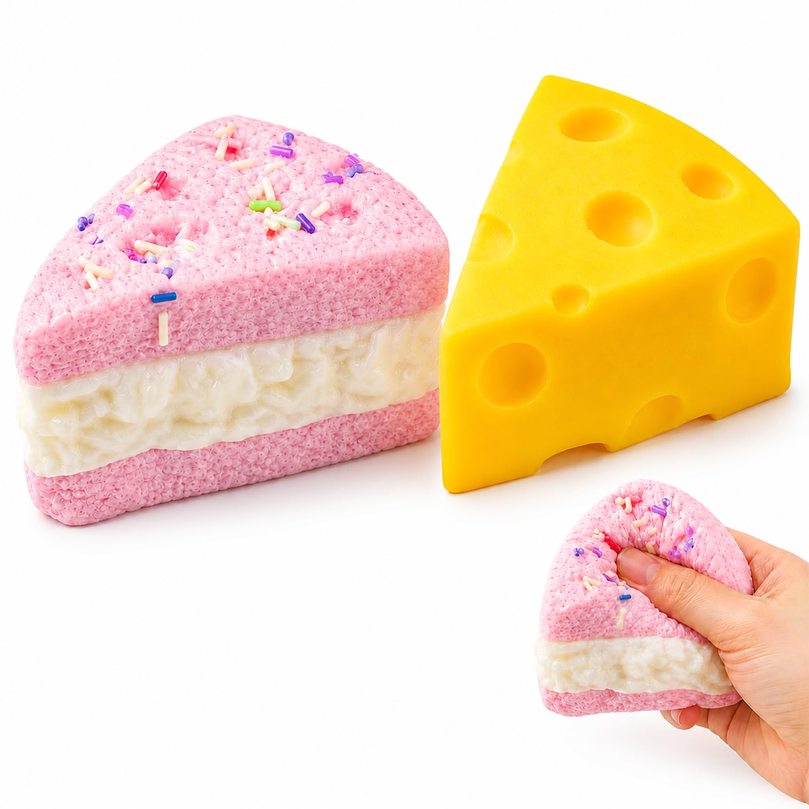suction 2PCS Cheese Squishy, Toast Design in Yellow and Pink Colours, Cheese Squishy jumbo Tools for Desk Decor and Relaxation