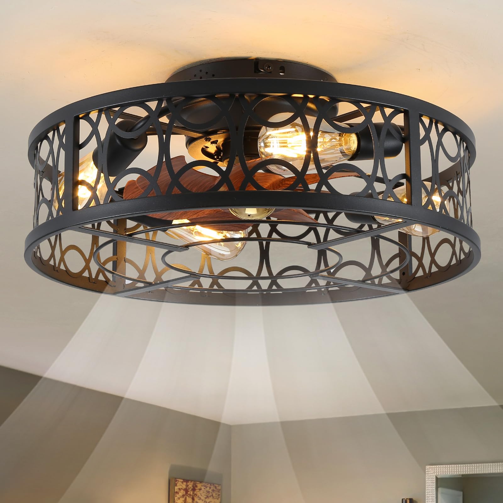 Alaruder Ceiling Fans with Lights Flush Mount,20 Inch Caged Modern Small Black Fan for Bedroom,Low Profile Ceiling Fan with Remote,6-Speed Reversible Quiet Chandelier Fans (4 Bulb Include)