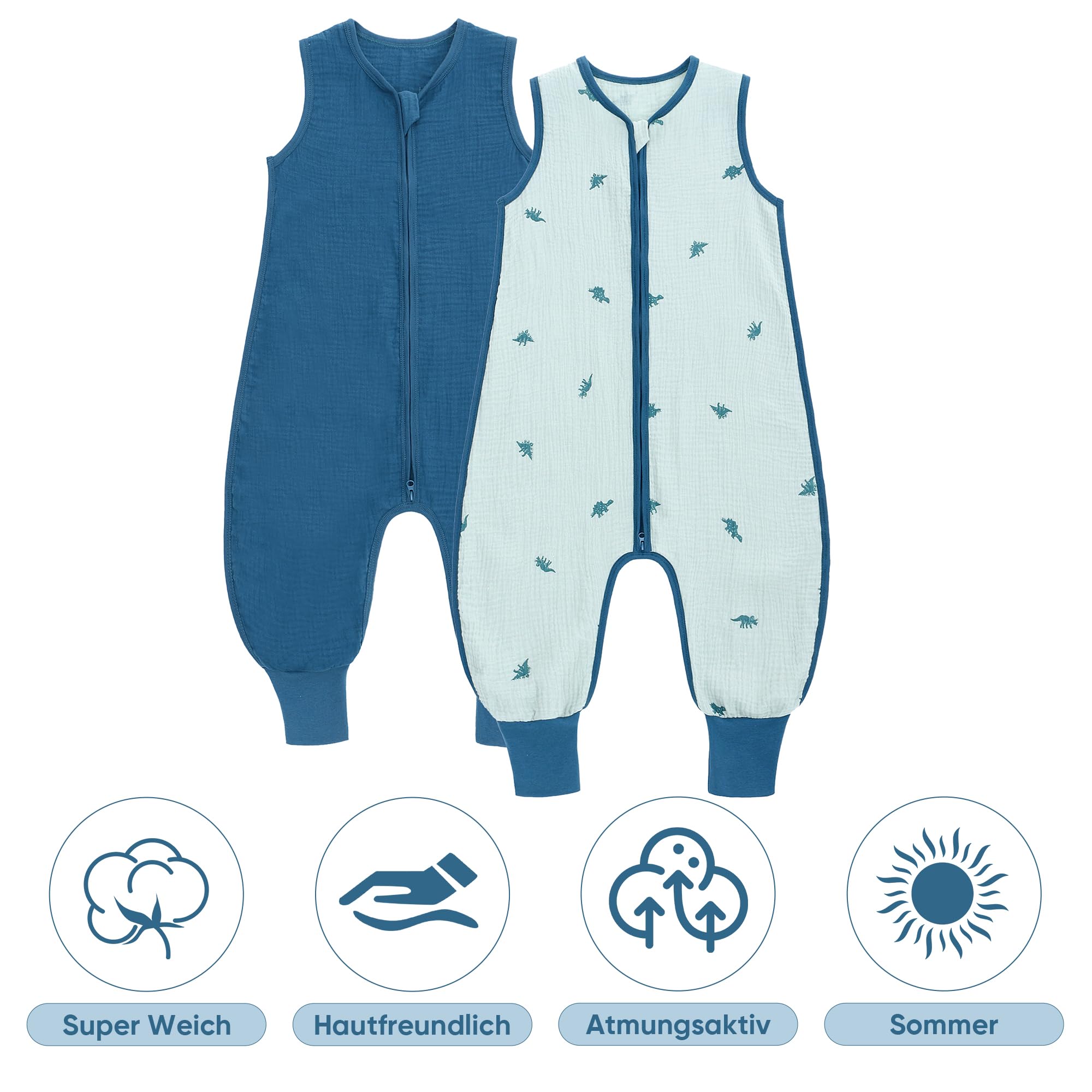 2er Pack Baby Schlafsack Sommer mit Füßen 0.5 Tog Sommerschlafsack 100% Baumwolle Musselin Atmungsaktiv für Jungen und Mädchen
