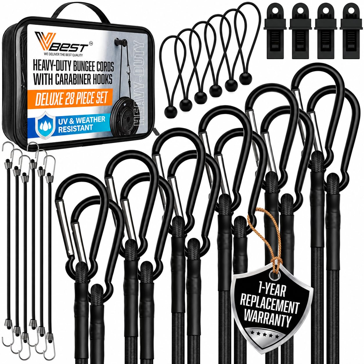 Bungee Cords with Hooks 28Pcs Set - Heavy Duty Outdoor Assorted Sizes