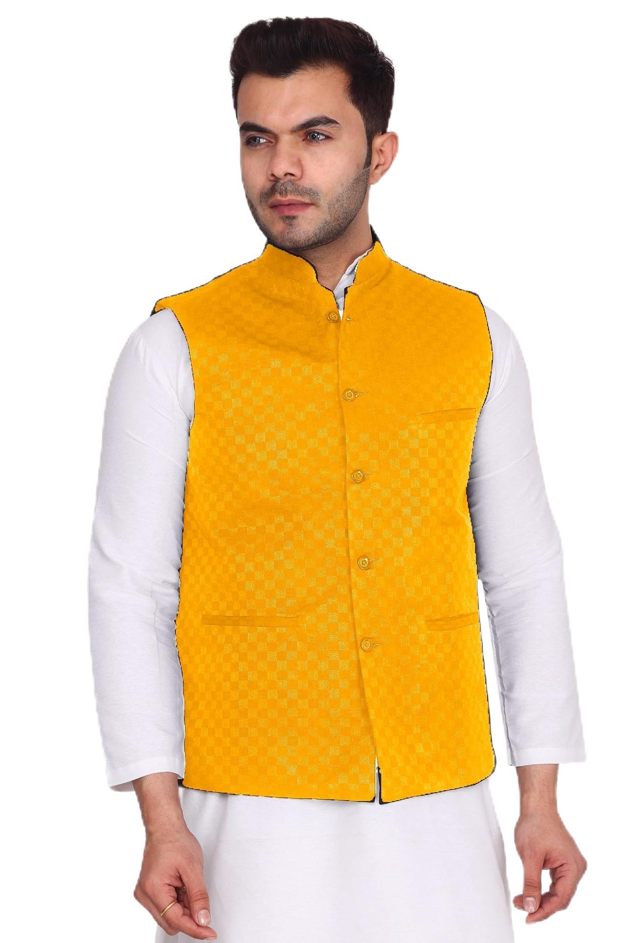 Ethnic Premium Nehru/Modi Jacket/Waistcoat - Sleeveless Coat for Haldi Function & Festival Wear - Yellow Color-image-45
