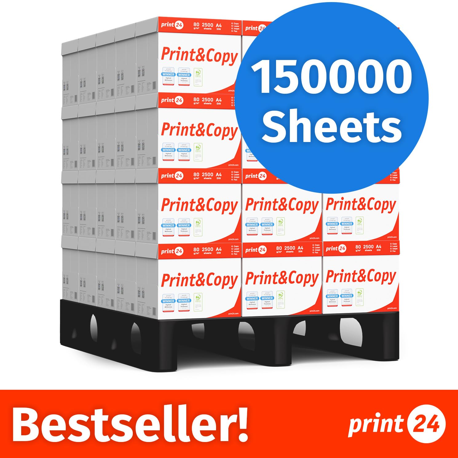 Papel multiusos para impresora, Folios A4, 80g, 150.000 Hojas, 60 Paquetes de 2.500, Color blanco, PEFC