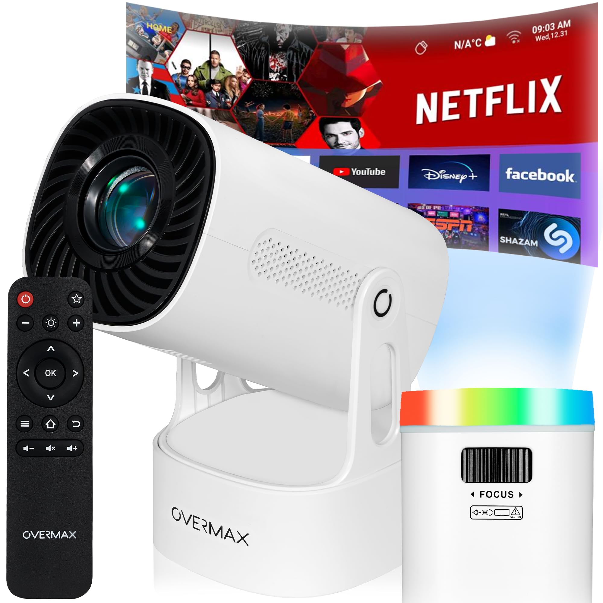OVERMAX MULTIPIC EZ Mini Projecteur 4K FullHD avec Batterie Amovible, Correction Keystone, Image Jusqu'à 200", Wi-FI Bluetooth 5.3, 2000 Lumen 120 ANSI, Projecteur Étoile, Télécommande, Android 9.0