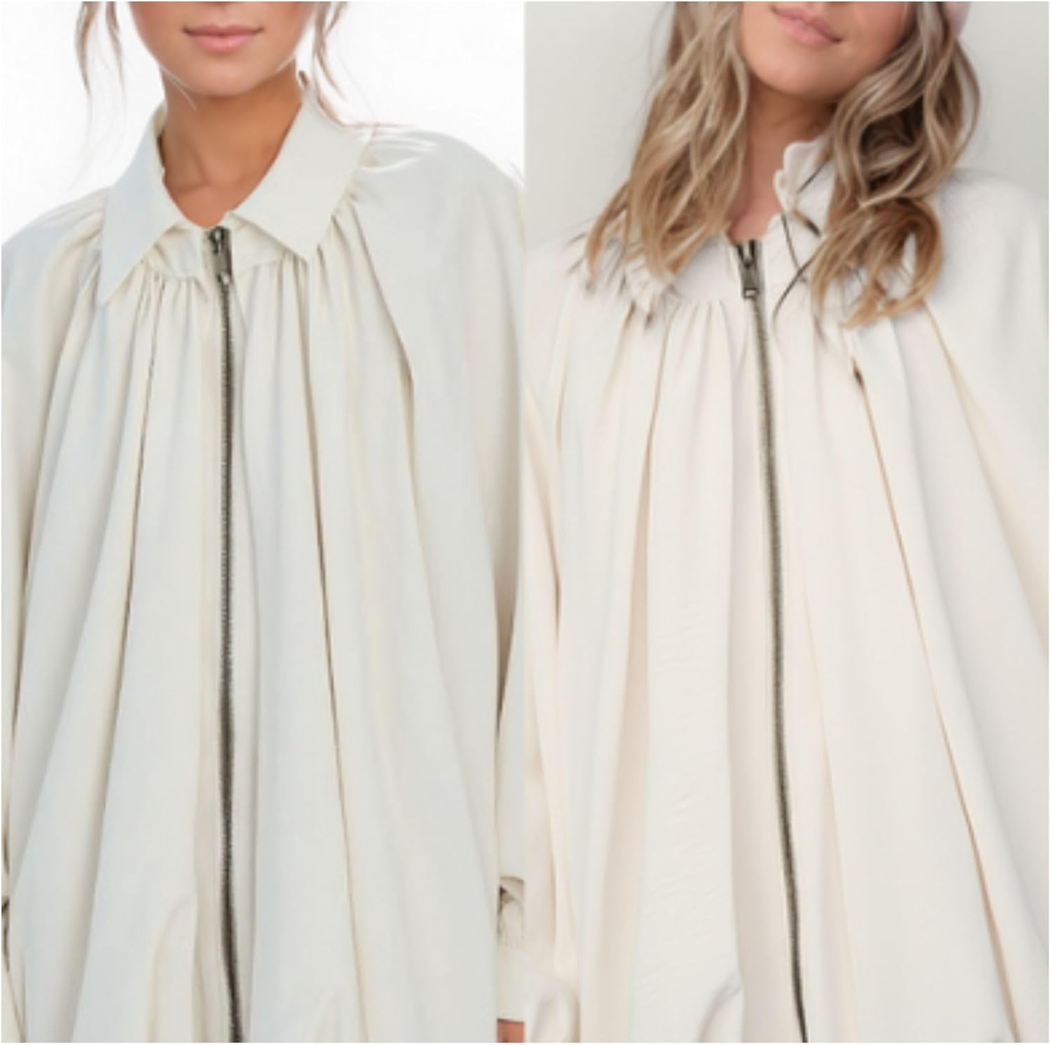 Xunger Women's Puffed Bomber Jacket Oversized Streetwear Casual Batwing Sleeve Lapel Collar Zip Front Pleated Shirts - Image 3