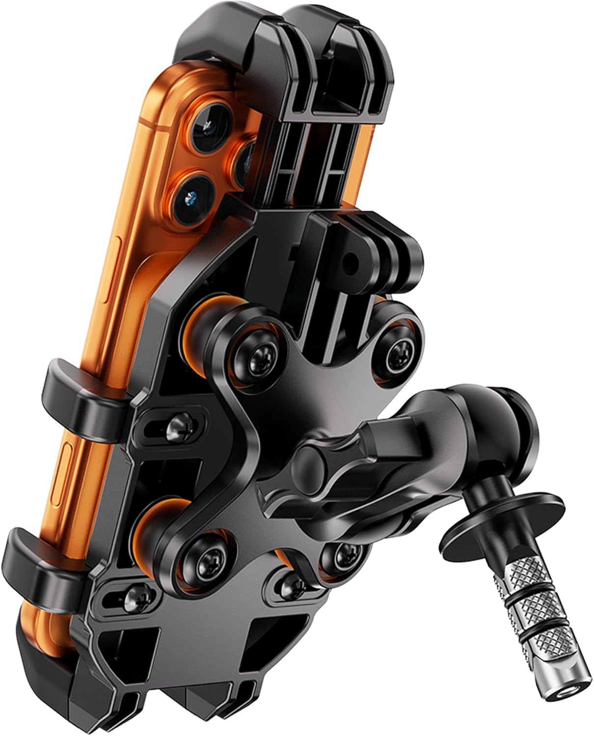 Anti-Theft Motorcycle Fork Stem Phone Mount with Vibration Dampener, with Aluminum Arm & Metal Fork Stem Mounting Base, for Stem Tubes 12mm-25.4mm in Diameter, for 5.4"-6.9" Cellphones