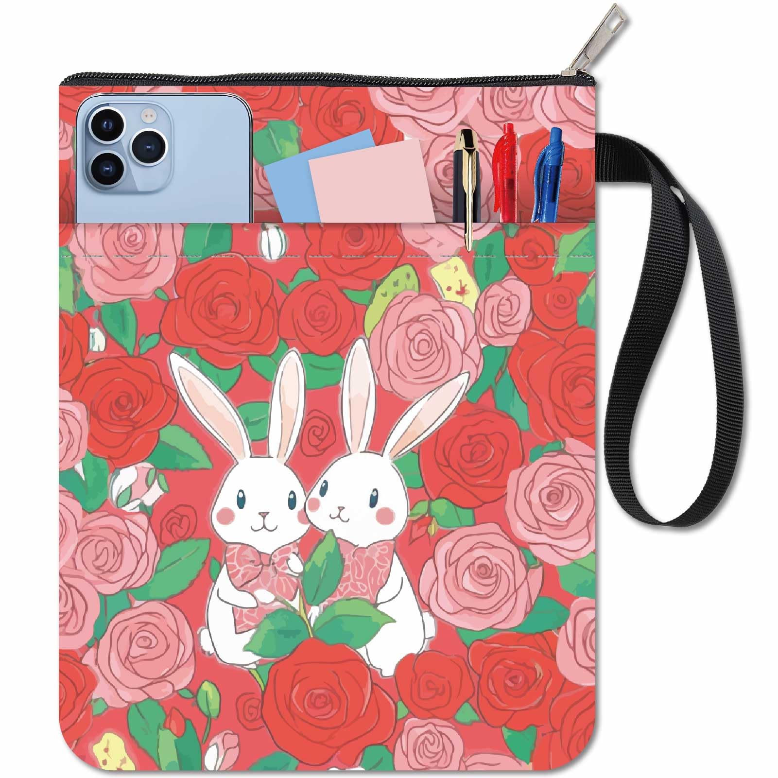 CRASPIRE Rabbit Book Covers Flower Book Sleeve Rose Book Protector for Paperbacks Washable Fabric Cloth Book Cover with Zipper and Extra Sleeve Pocket for Book Lovers Classmate Gifts